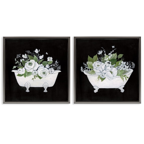 Stupell Industries Inviting Magnolia Clawfoot Tub Bath & Laundry Painting Gray Floater Framed Canvas Art Print Wall Art, 18 x 18, Set of 2