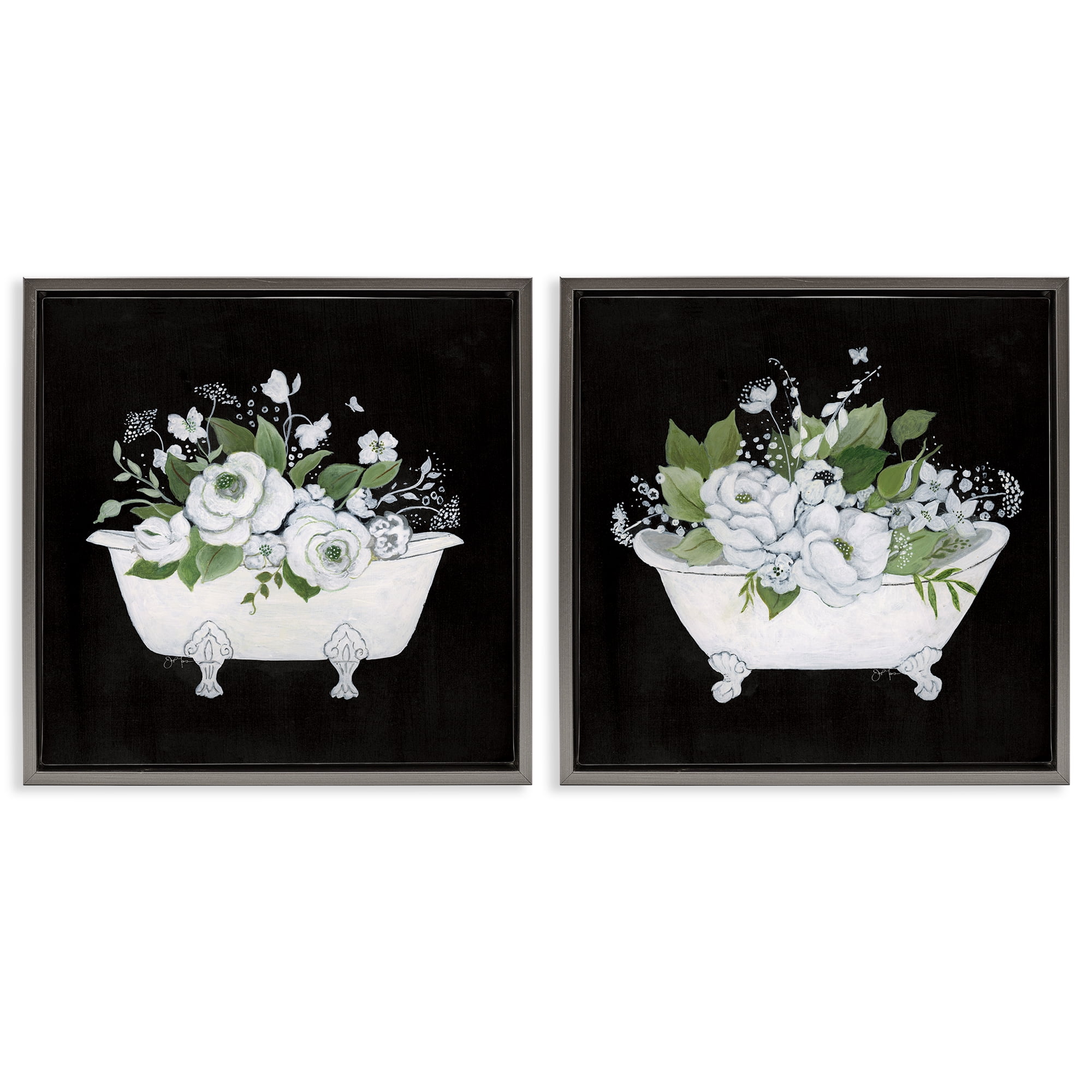Stupell Industries Inviting Magnolia Clawfoot Tub Bath & Laundry Painting Gray Floater Framed Canvas Art Print Wall Art, 25 x 25, Set of 2