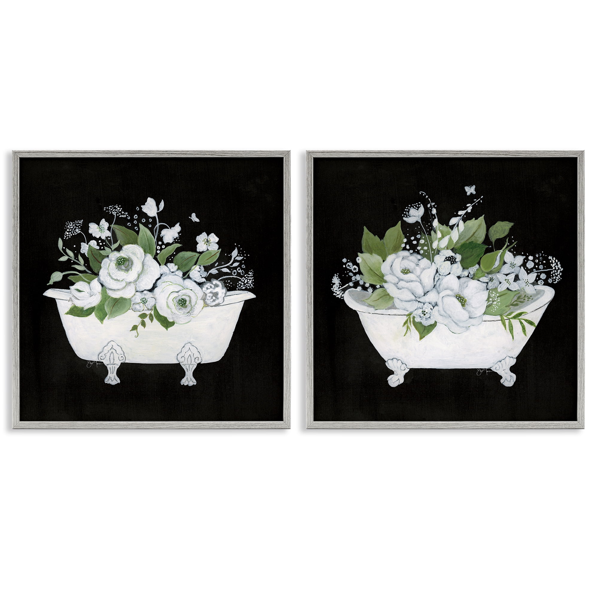 Stupell Industries Inviting Magnolia Clawfoot Tub Bath & Laundry Painting Gray Framed Art Print Wall Art, 24 x 24, Set of 2