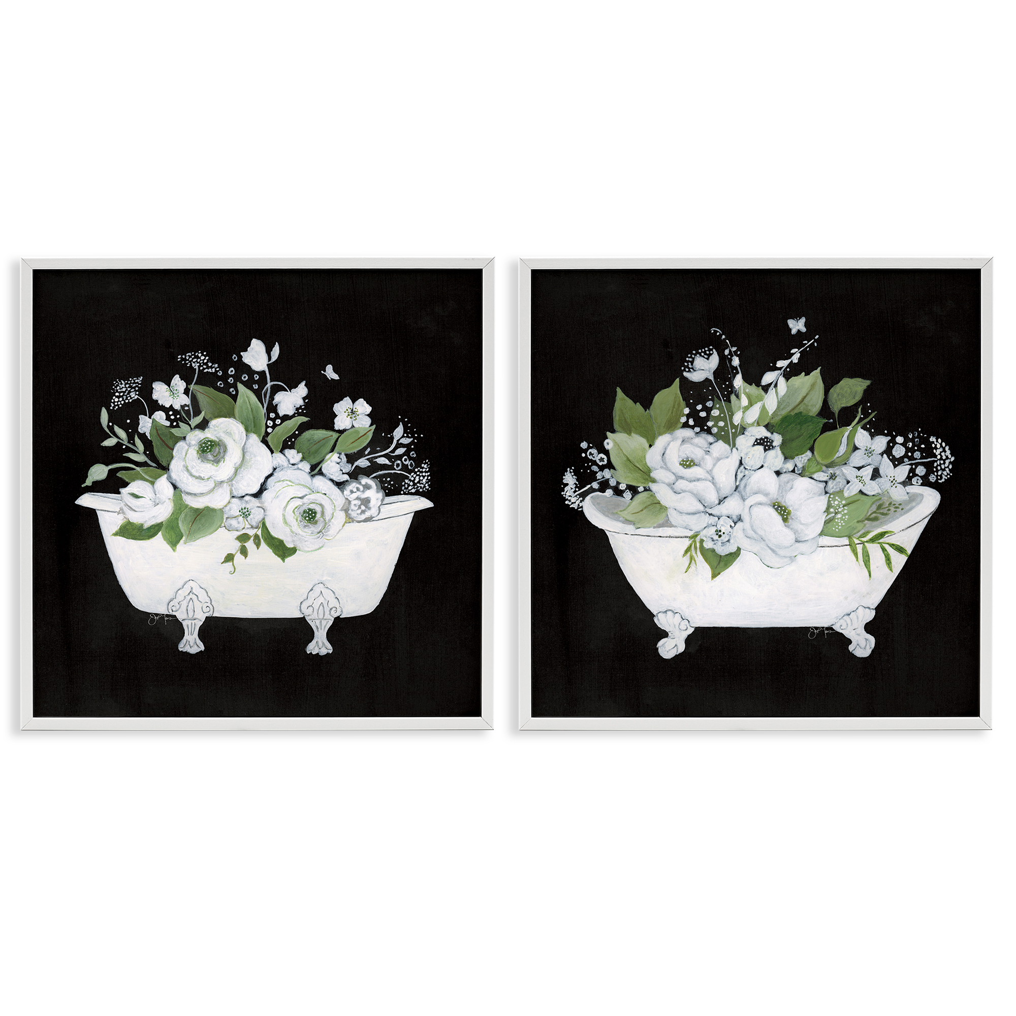 Stupell Industries Inviting Magnolia Clawfoot Tub Bath & Laundry Painting White Framed Art Print Wall Art, 12 x 12, Set of 2