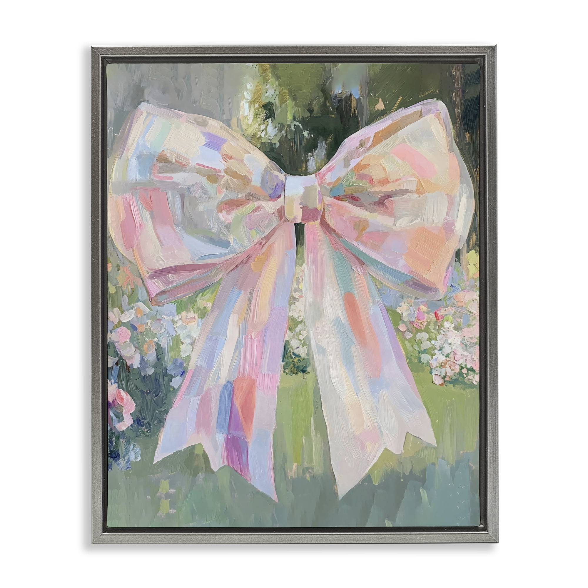 Stupell Industries Iridescent Pink Bow in Garden Gray Framed Floater Canvas Wall Art, design by The Prints Vibe