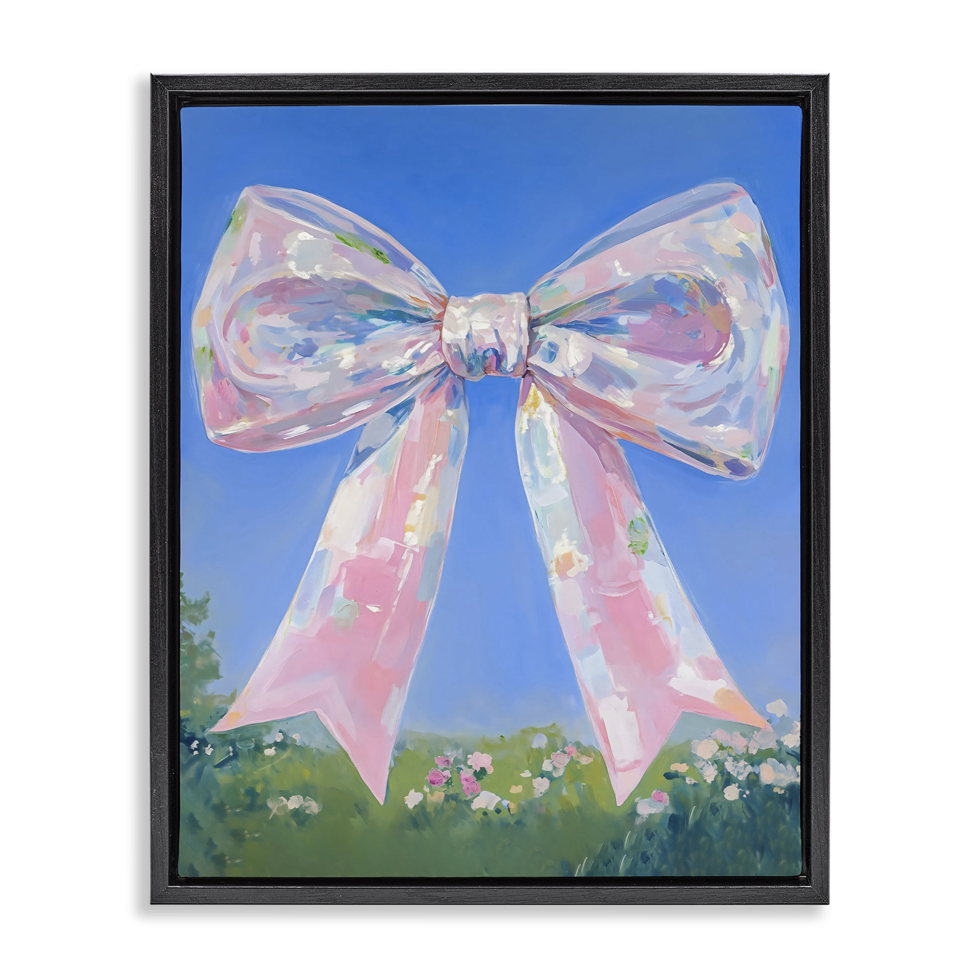 Stupell Industries Iridescent Pink Bow in Meadow Black Framed Floater Canvas Wall Art, design by The Prints Vibe