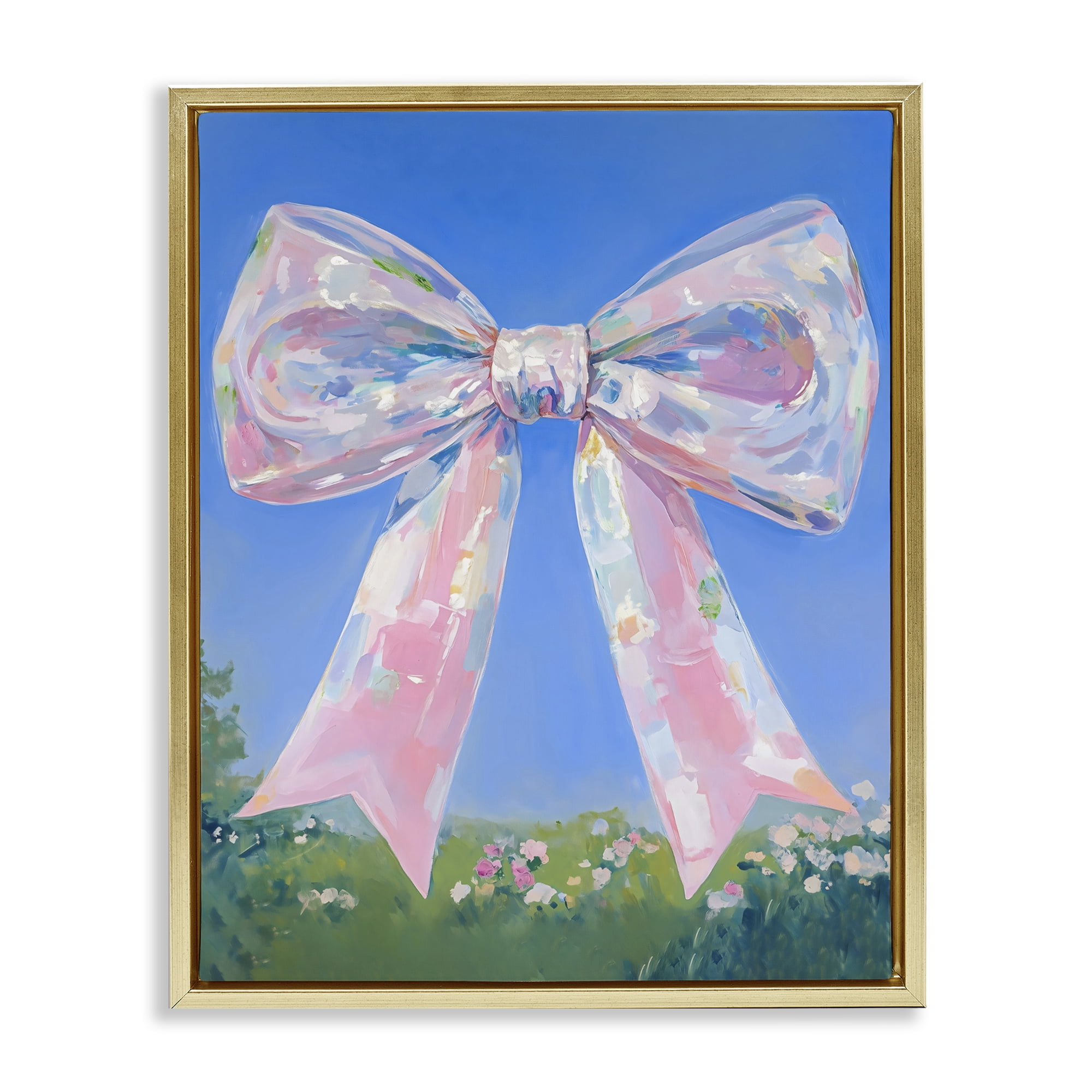 Stupell Industries Iridescent Pink Bow in Meadow Gold Framed Floater Canvas Wall Art, design by The Prints Vibe