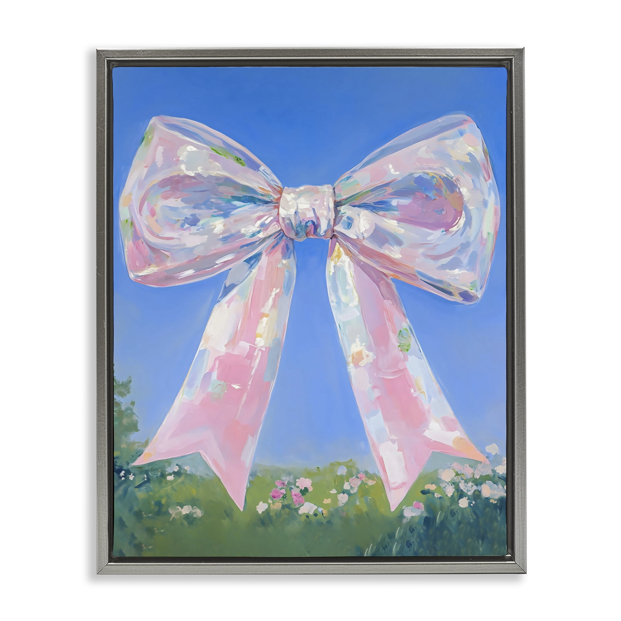 Stupell Industries Iridescent Pink Bow in Meadow Gray Framed Floater Canvas Wall Art, design by The Prints Vibe