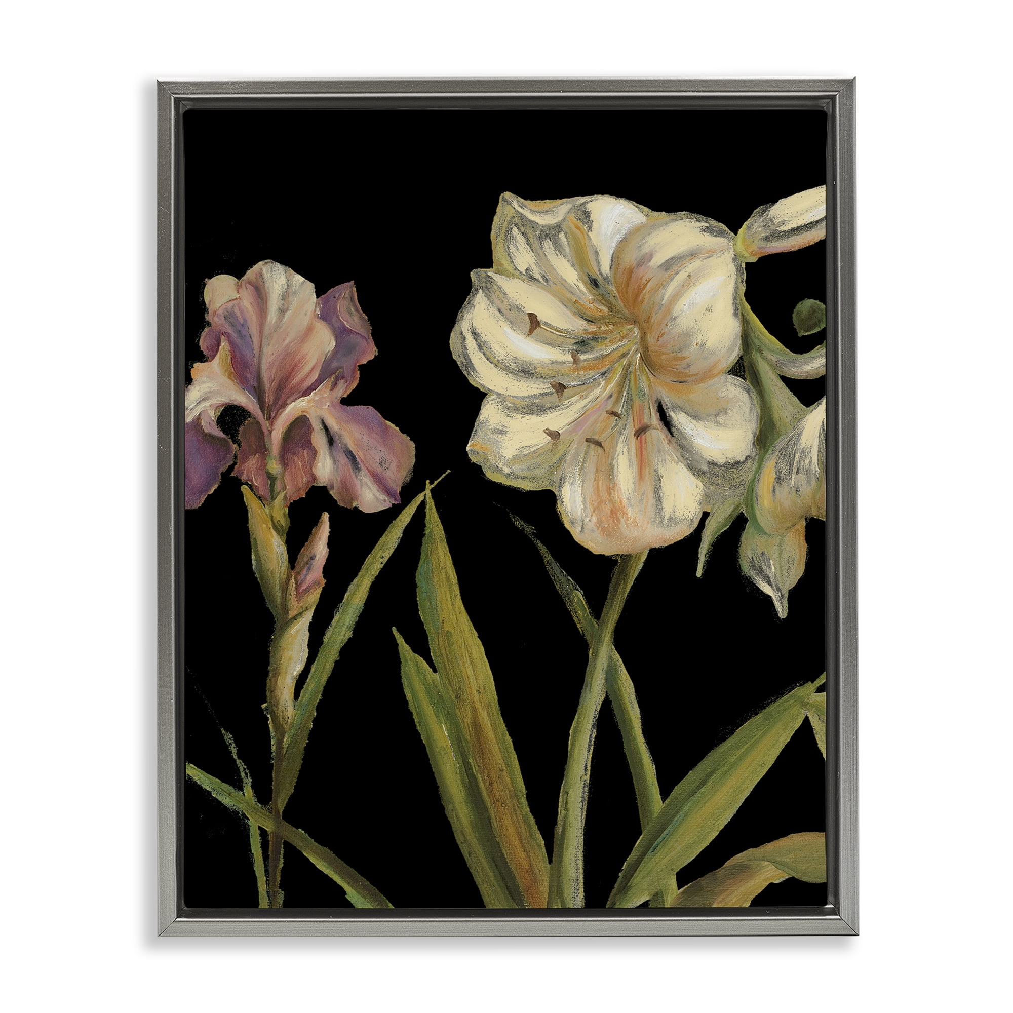 Stupell Industries Iris Flowers on Black Botanical & Floral Painting Gray Floater Framed Canvas Art Print Wall Art, 25 x 31