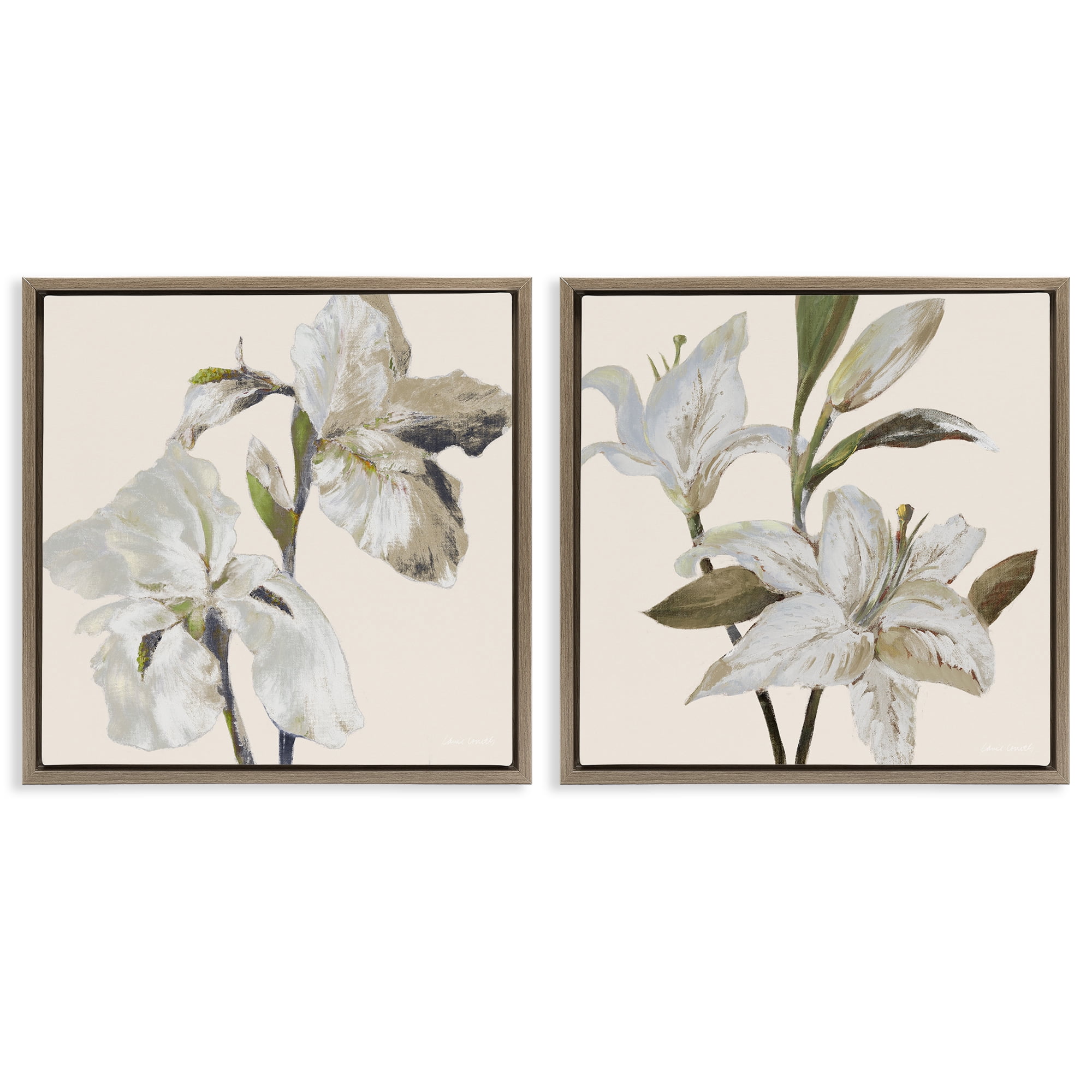 Stupell Industries Irises and Lilies Soft Beige 2 Piece Brown Framed Floater Canvas Set, design by Lanie Loreth