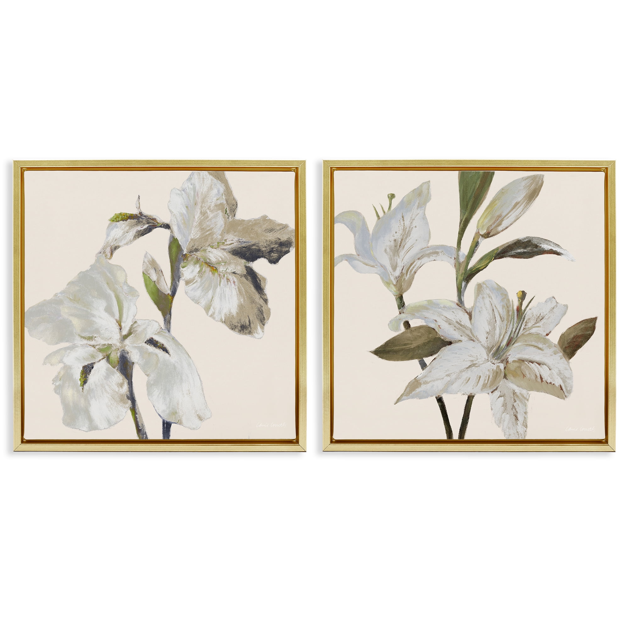 Stupell Industries Irises and Lilies Soft Beige 2 Piece Gold Framed Floater Canvas Set, design by Lanie Loreth