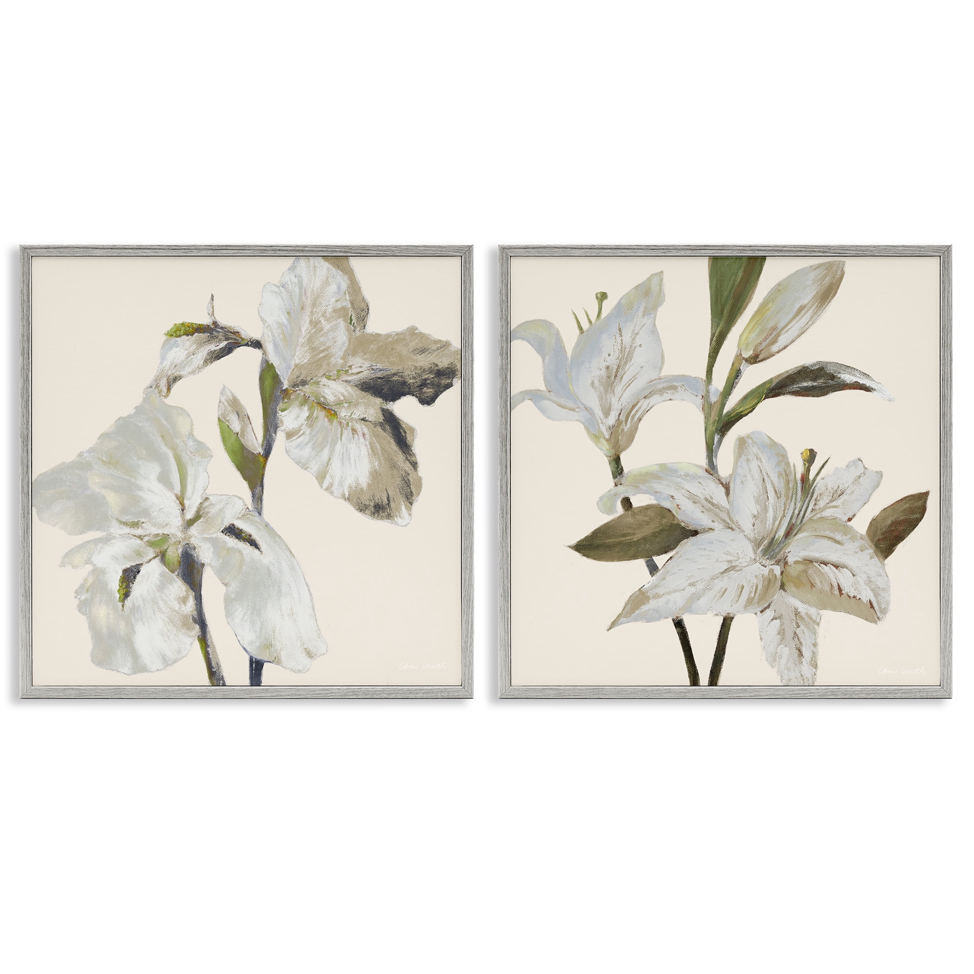 Stupell Industries Irises and Lilies Soft Beige 2 Piece Gray Framed Giclee Art Set, design by Lanie Loreth