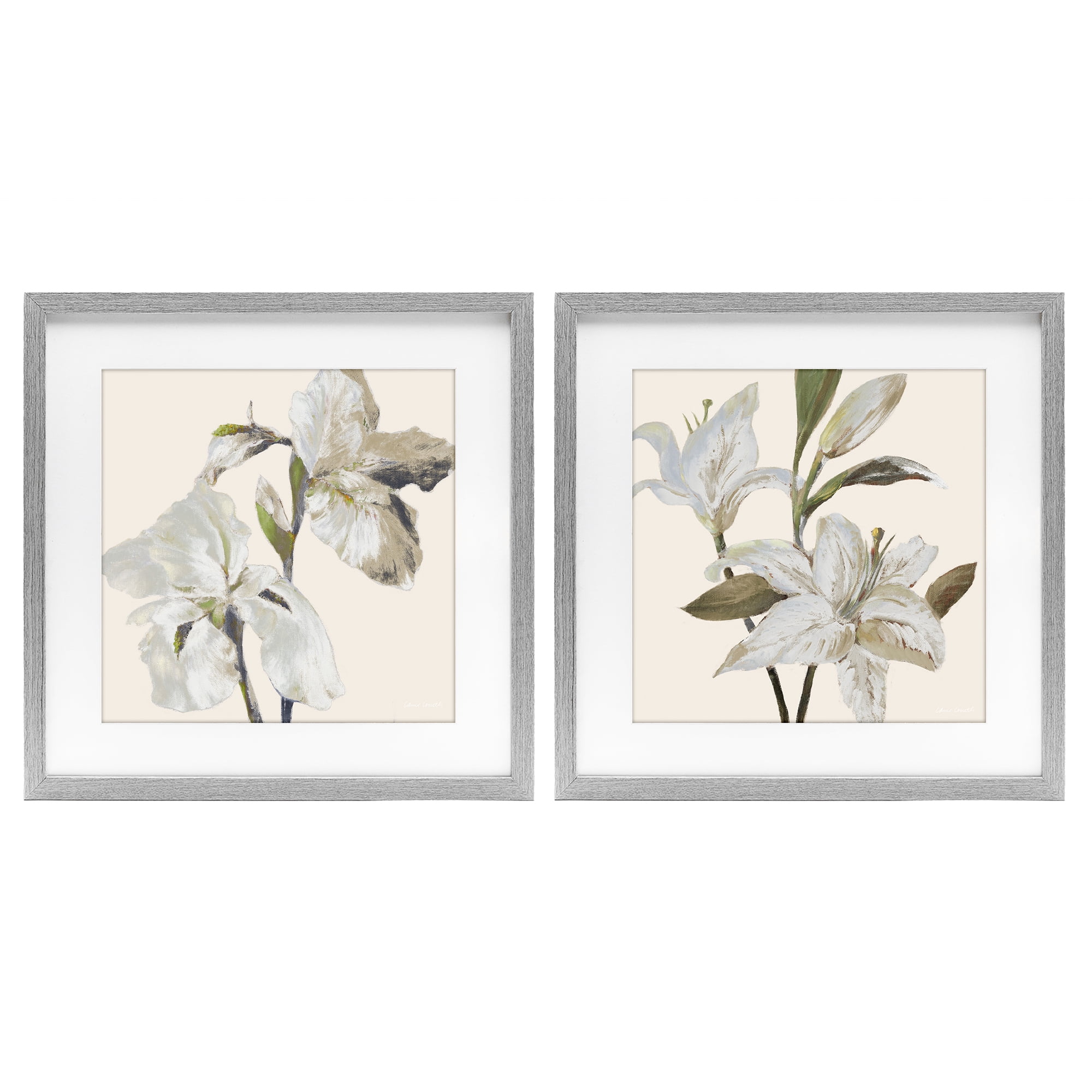 Stupell Industries Irises and Lilies Soft Beige 2 Piece Gray Framed Print Under Glass Set, design by Lanie Loreth
