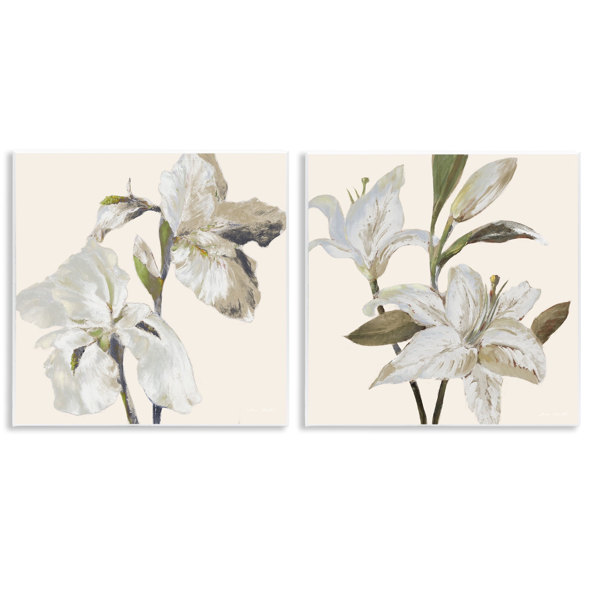 Stupell Industries Irises and Lilies Soft Beige 2 Piece Wall Plaque Art Set, design by Lanie Loreth