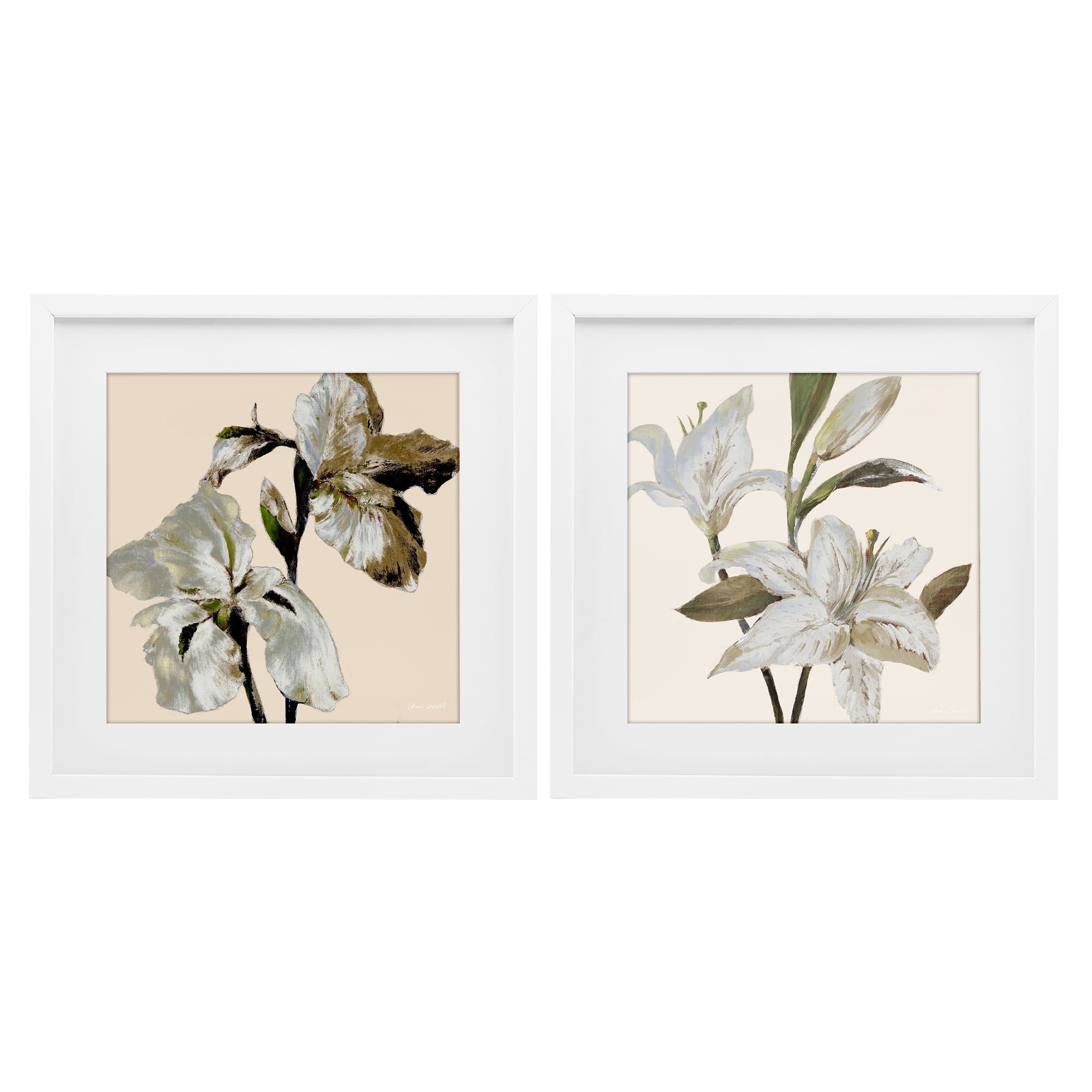 Stupell Industries Irises and Lilies Soft Beige 2 Piece White Framed Print Under Glass Set, design by Lanie Loreth