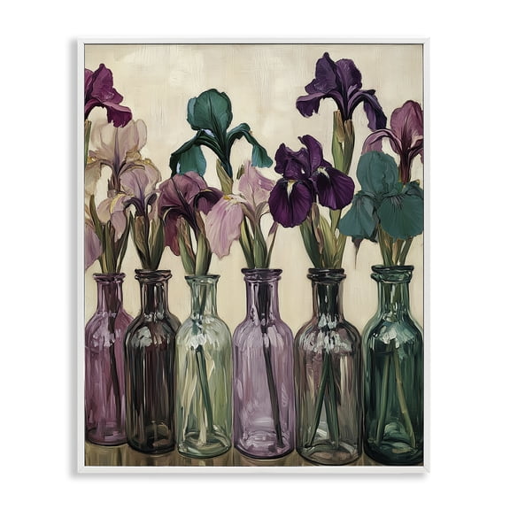 Stupell Industries Irises in Jewel Tone Bottles Floral Painting White Framed Art Print Wall Art, 24 x 30