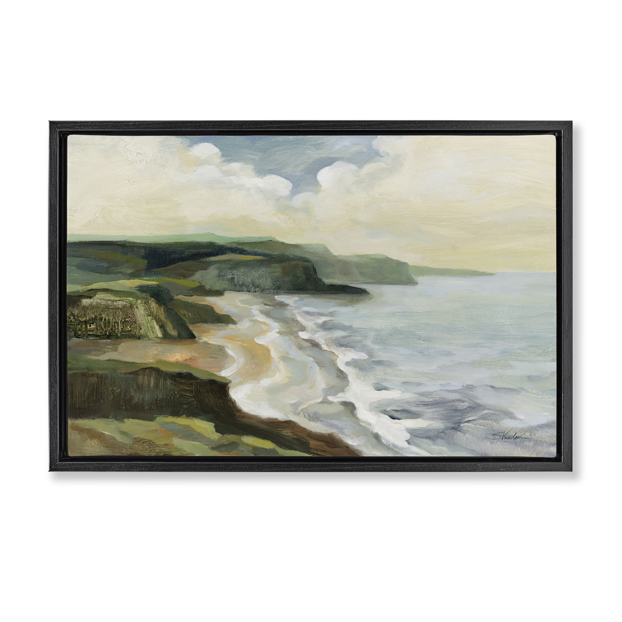 Stupell Industries Irish Coast Cliffs Landscape Painting Black Floater Framed Canvas Art Print Wall Art, 25 x 17