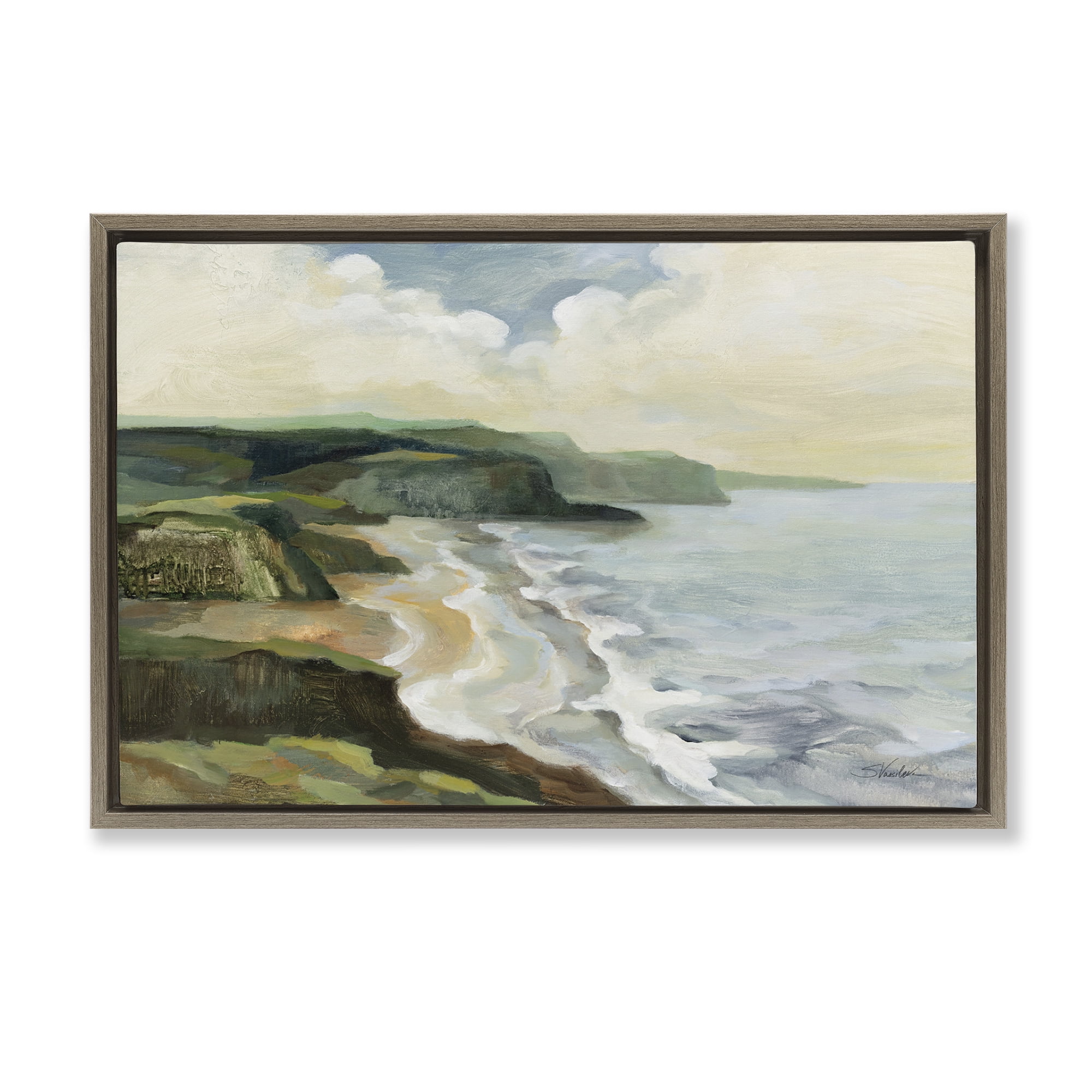 Stupell Industries Irish Coast Cliffs Landscape Painting Brown Floater Framed Canvas Art Print Wall Art, 25 x 17