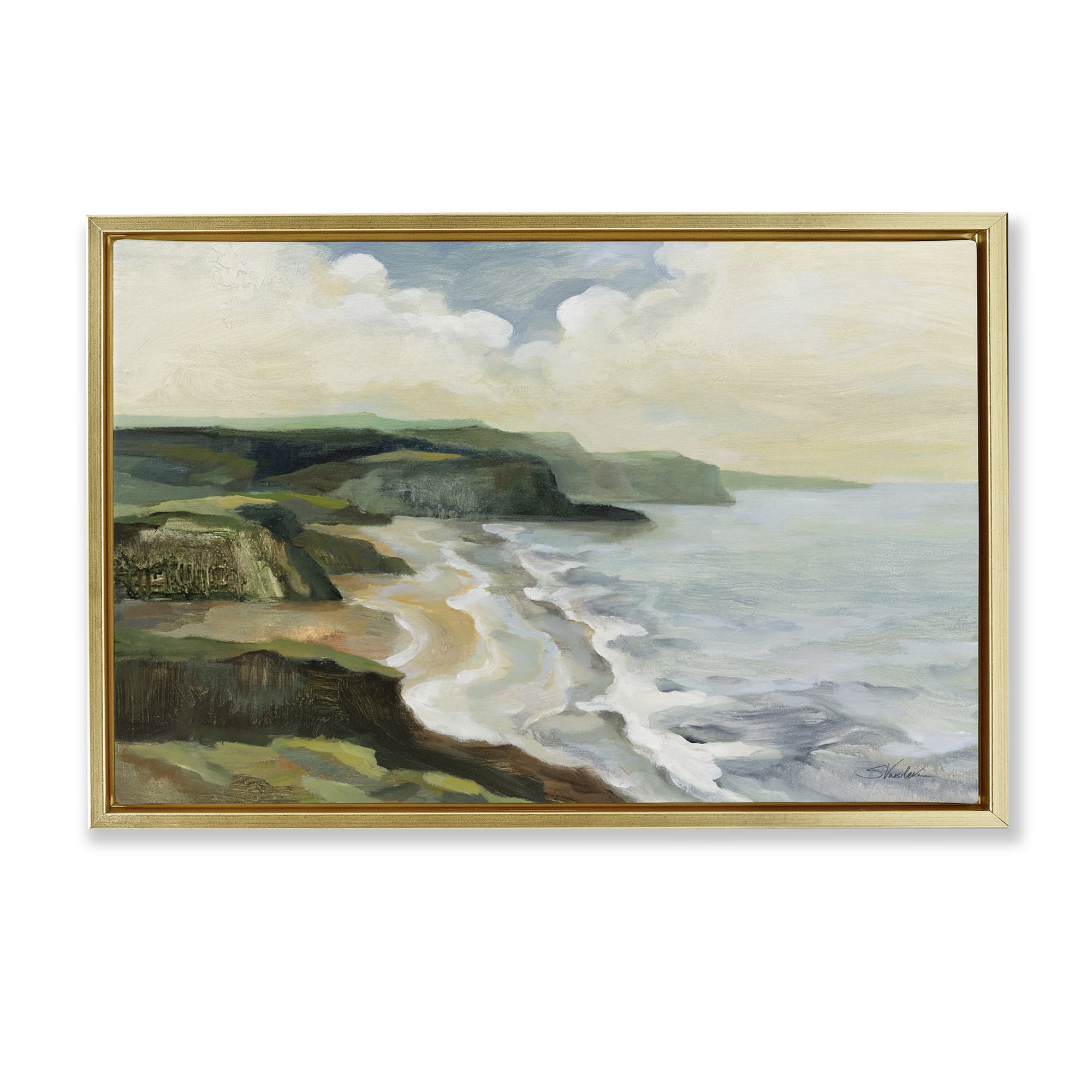 Stupell Industries Irish Coast Cliffs Landscape Painting Gold Floater Framed Canvas Art Print Wall Art, 31 x 21