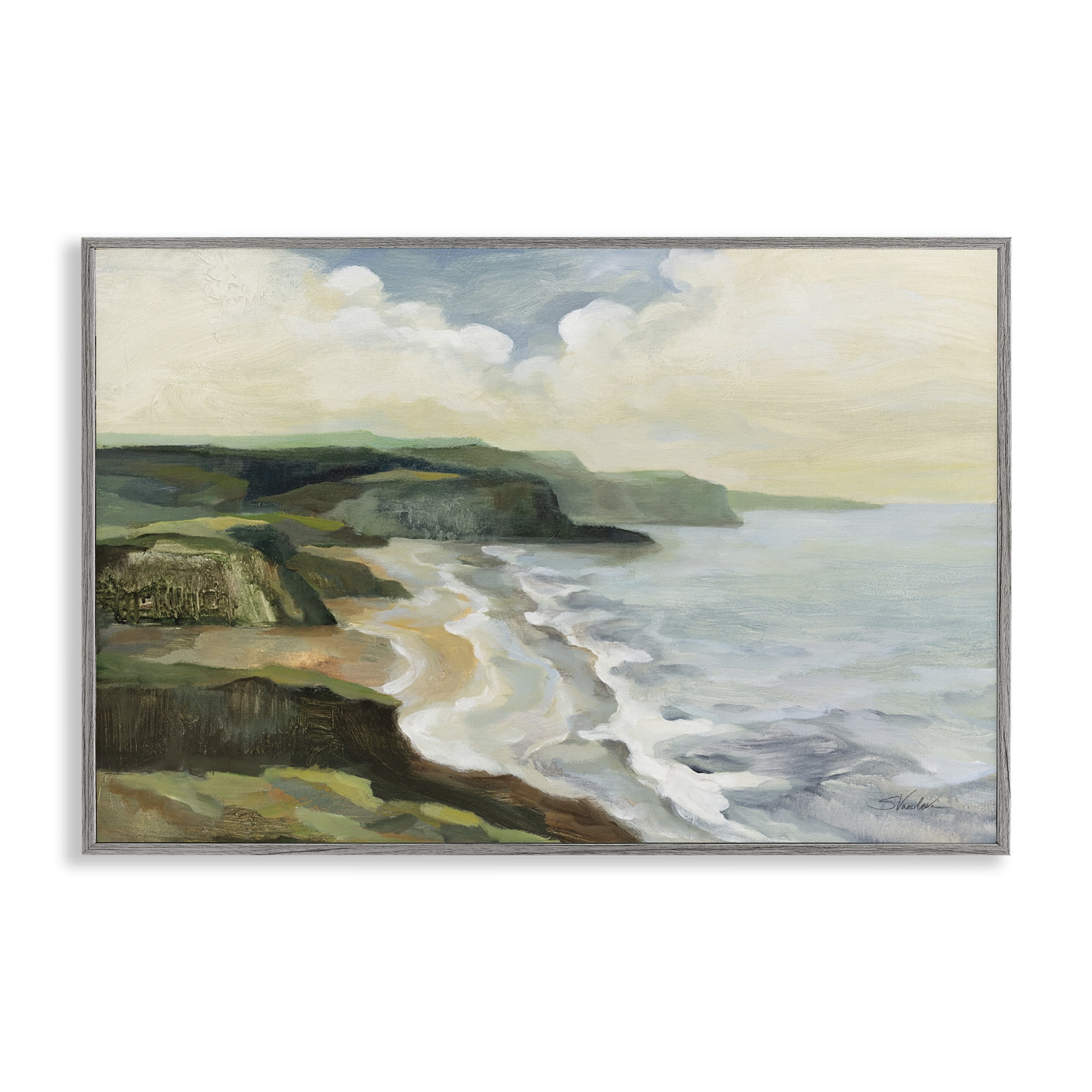 Stupell Industries Irish Coast Cliffs Landscape Painting Gray Framed Art Print Wall Art, 30 x 20