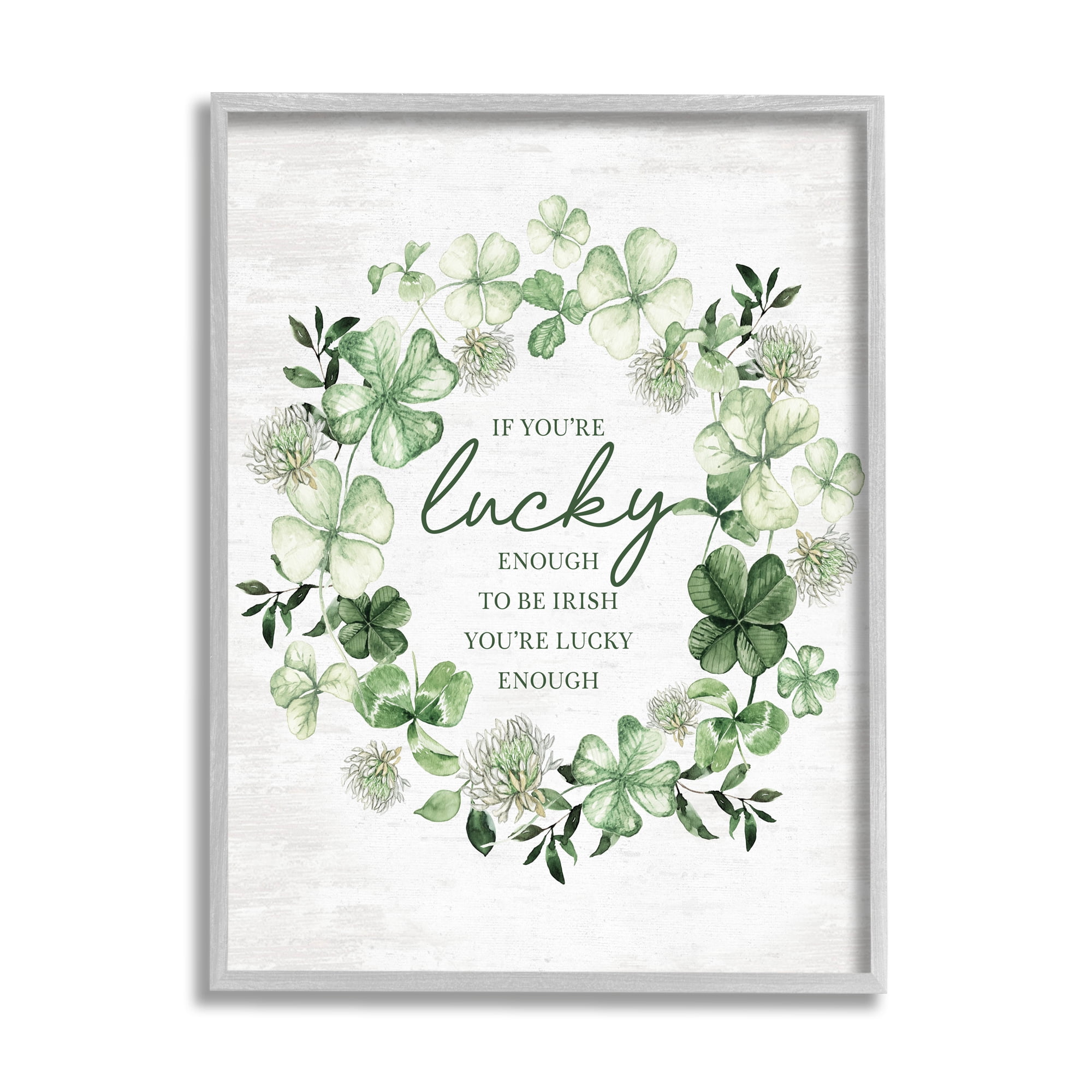 Stupell Industries Irish is Lucky Enough Wreath Botanical & Floral Painting Gray Framed Art Print Wall Art, 16 x 20
