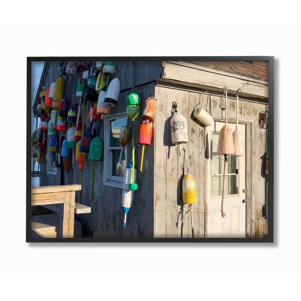 Stupell Industries Island Hut Buoy Beach Ocean Painting Framed Wall Art by Emily Kalina, 24" x 30", Black Framed