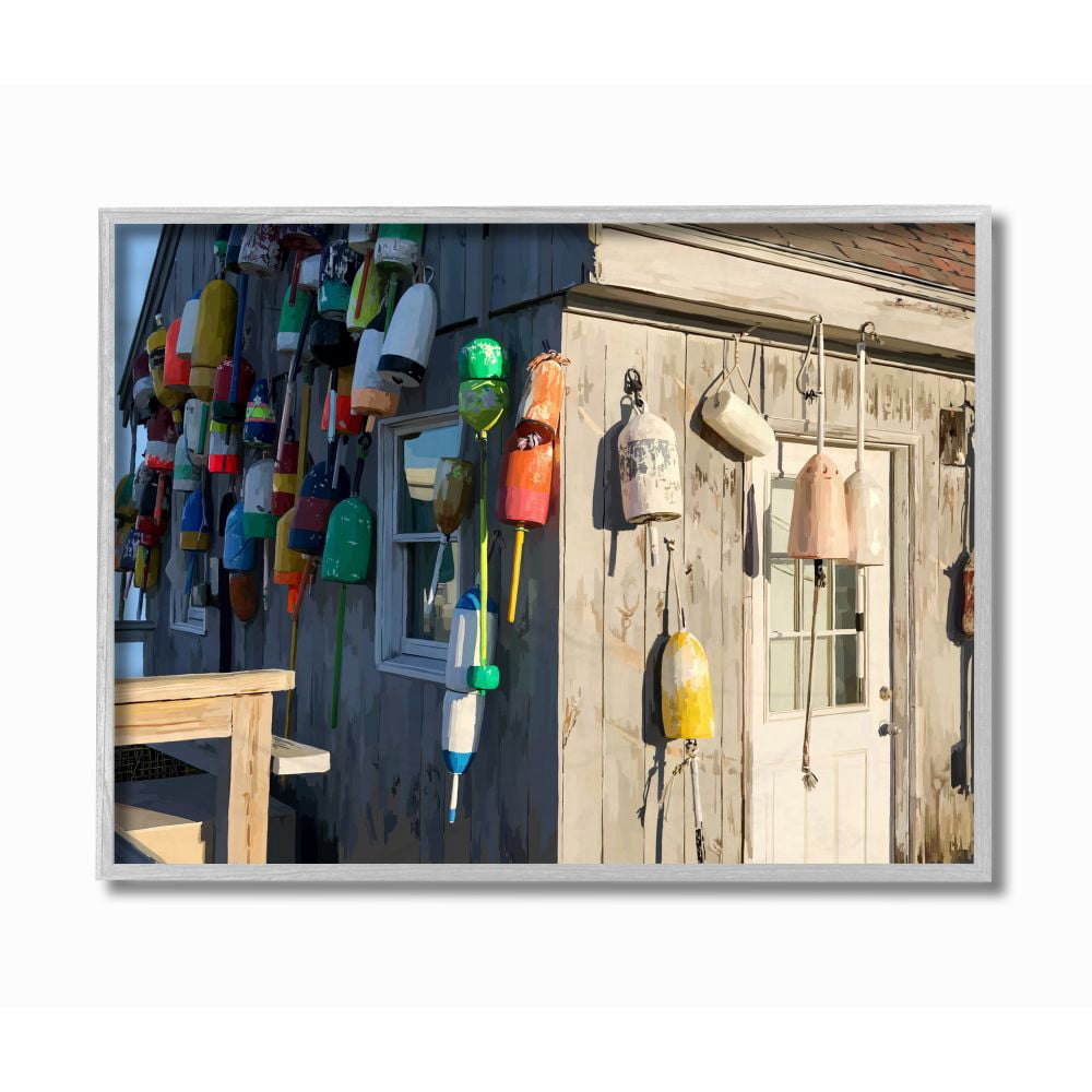 Stupell Industries Island Hut Buoy Beach Ocean Painting Photography Gray Framed Art Print Wall Art, 16x20, by Emily Kalina
