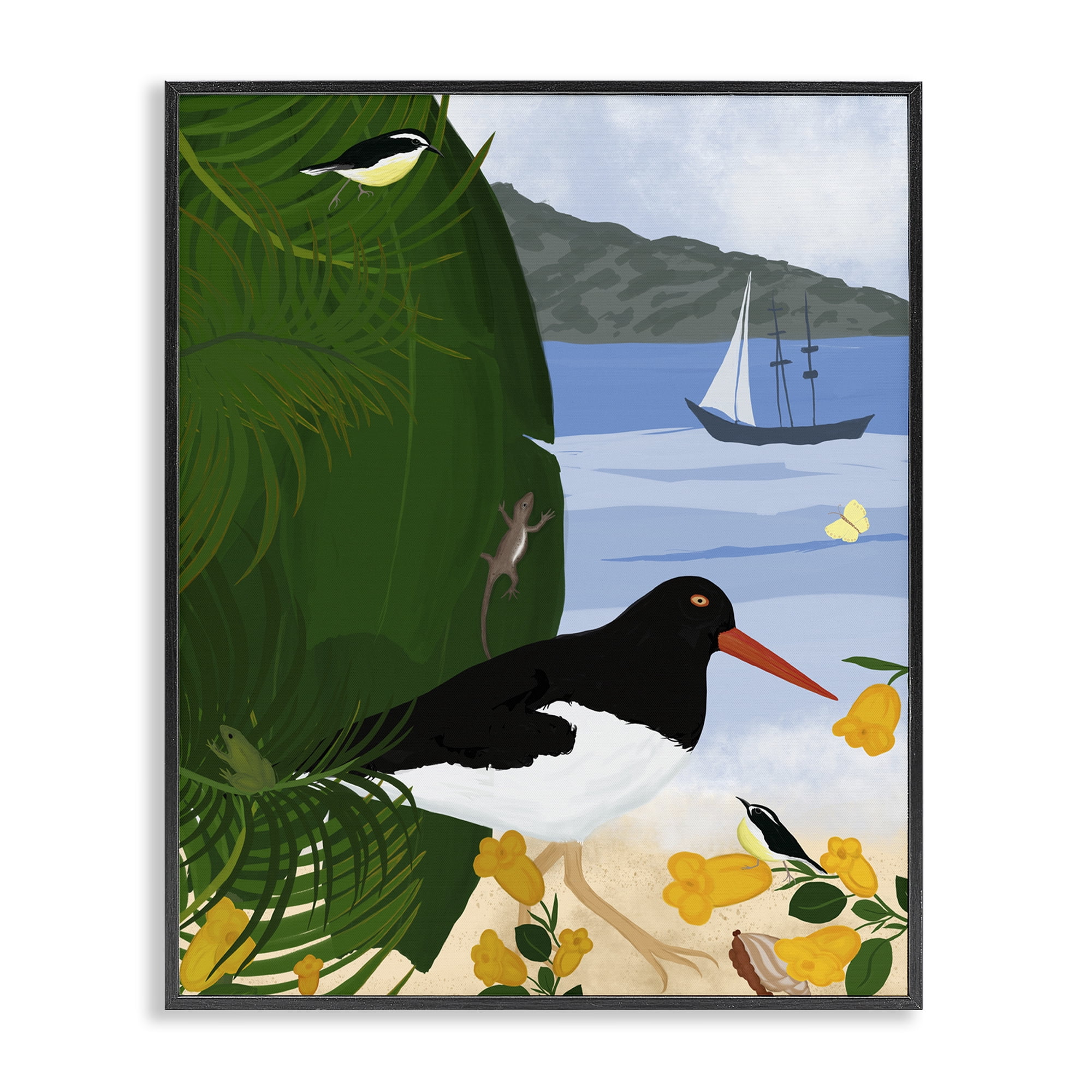 Stupell Industries Island Life by Beach Landscape & Nature Painting Black Framed Art Print Wall Art, 11 x 14