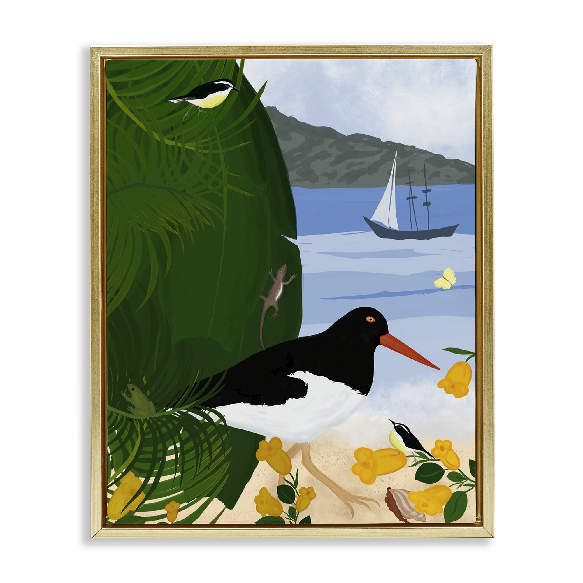 Stupell Industries Island Life by Beach Landscape & Nature Painting Gold Floater Framed Canvas Art Print Wall Art, 17 x 21