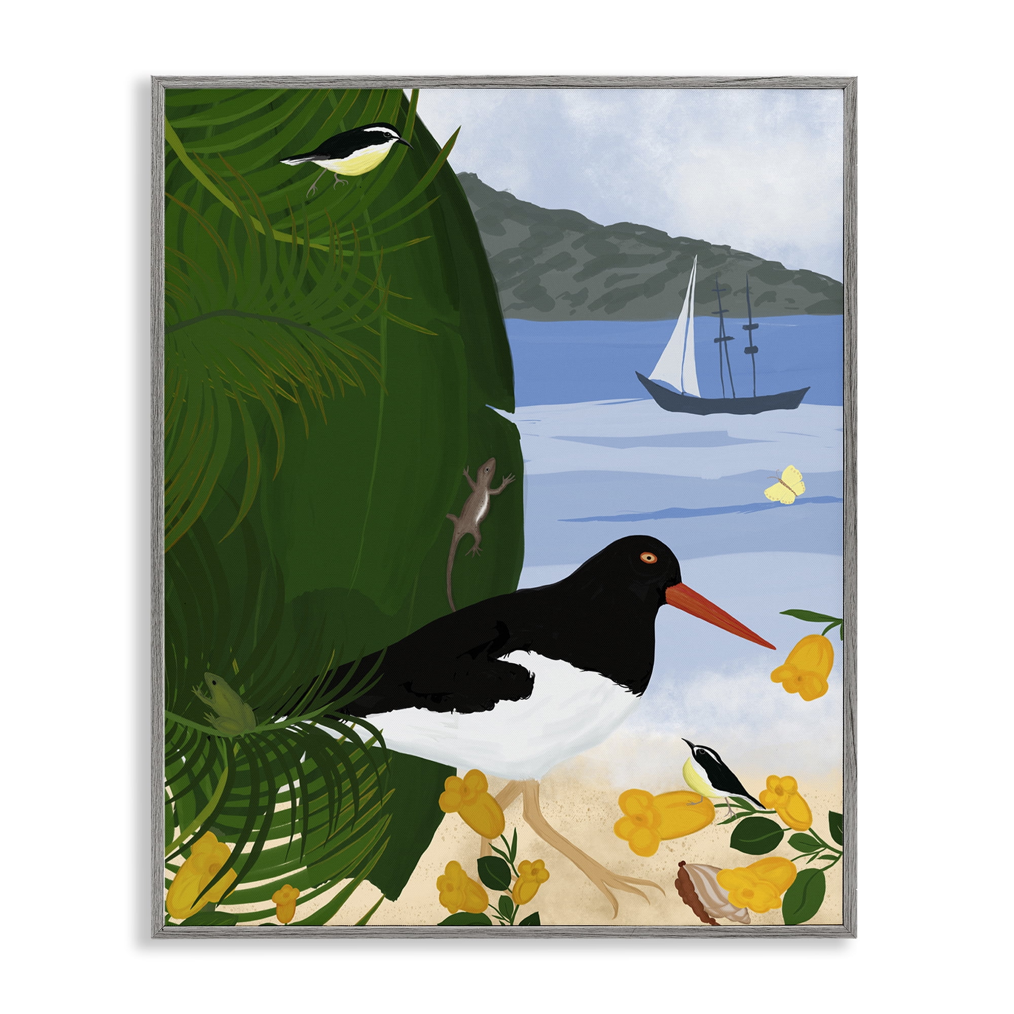 Stupell Industries Island Life by Beach Landscape & Nature Painting Gray Framed Art Print Wall Art, 24 x 30