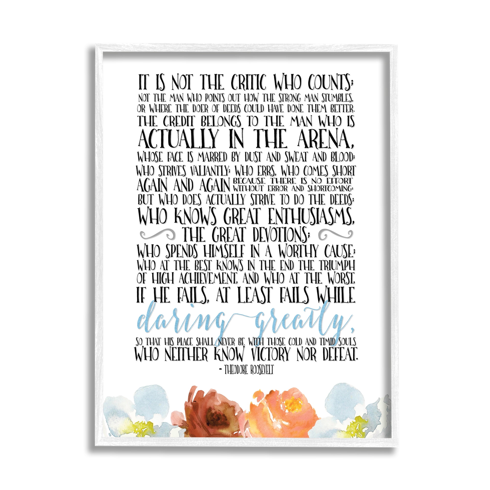 Stupell Industries It Is Not The Critic Who Counts Roosevelt Floral Quote Graphic Art White Framed Art Print Wall Art, 11x14, by Tara Moss