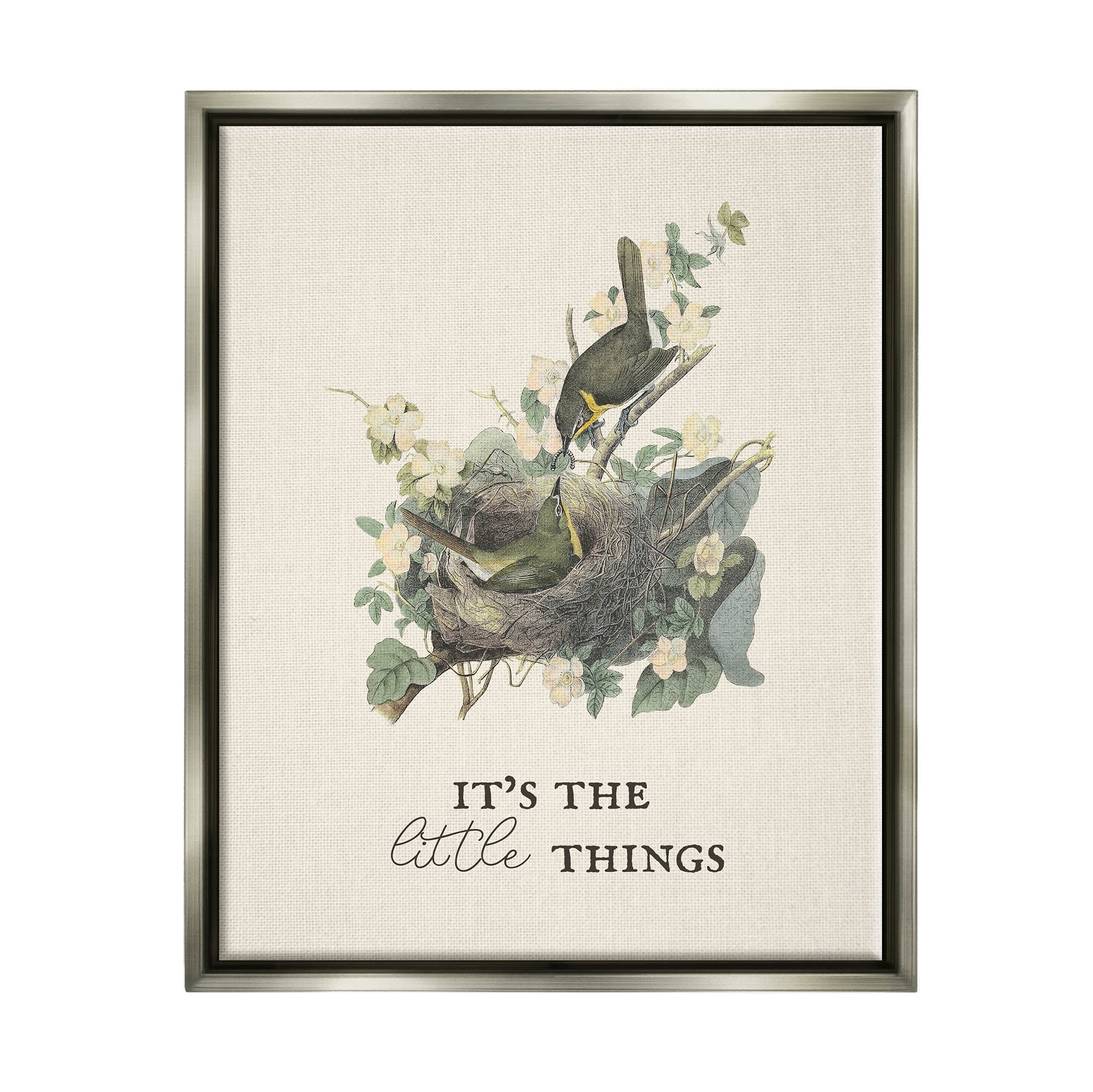Stupell Industries It's The Little Things Bird Nest Graphic Art Luster Gray Floating Framed Canvas Print Wall Art, Design by Lil' Rue