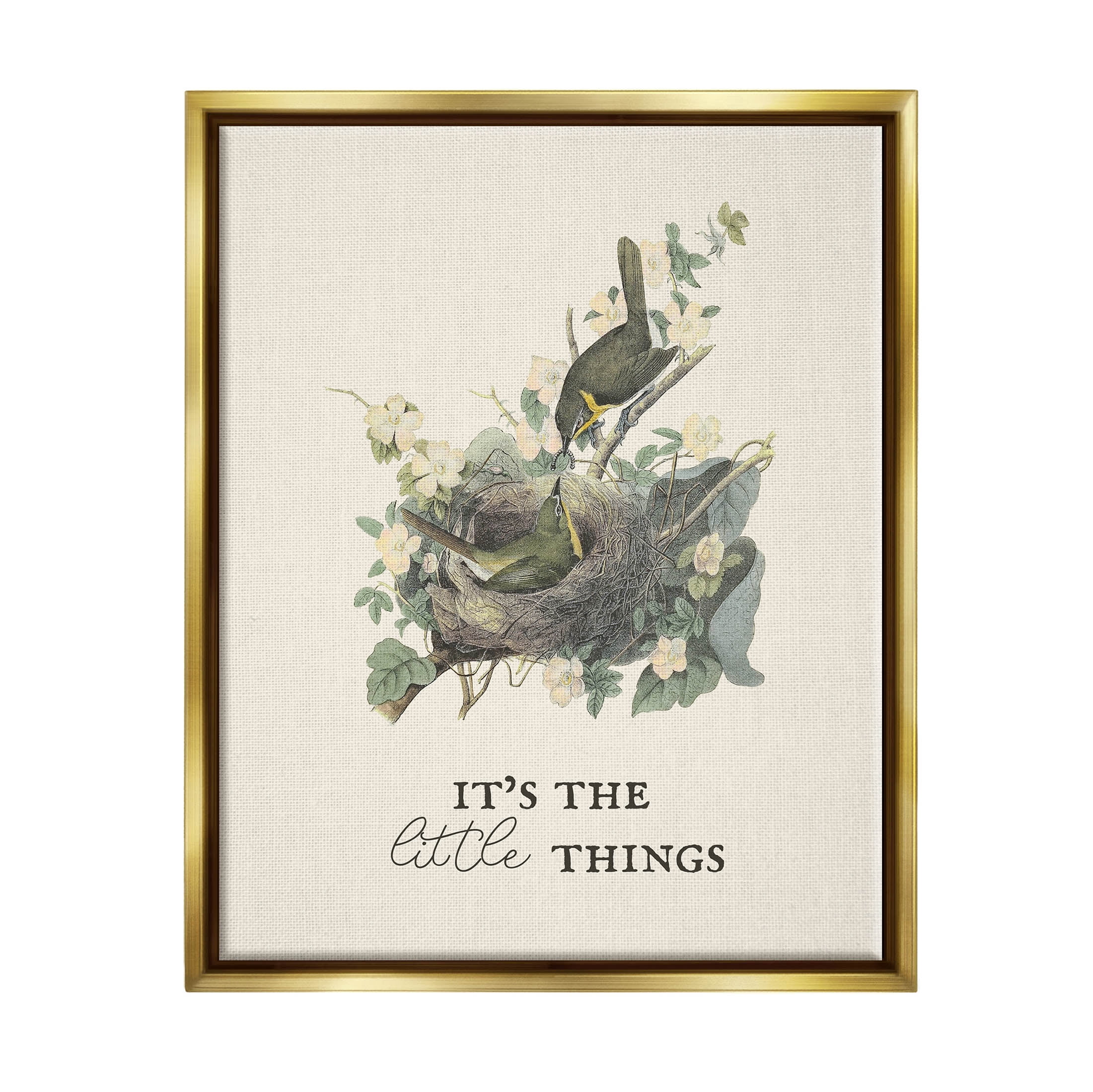 Stupell Industries It's The Little Things Bird Nest Graphic Art Metallic Gold Floating Framed Canvas Print Wall Art, Design by Lil' Rue