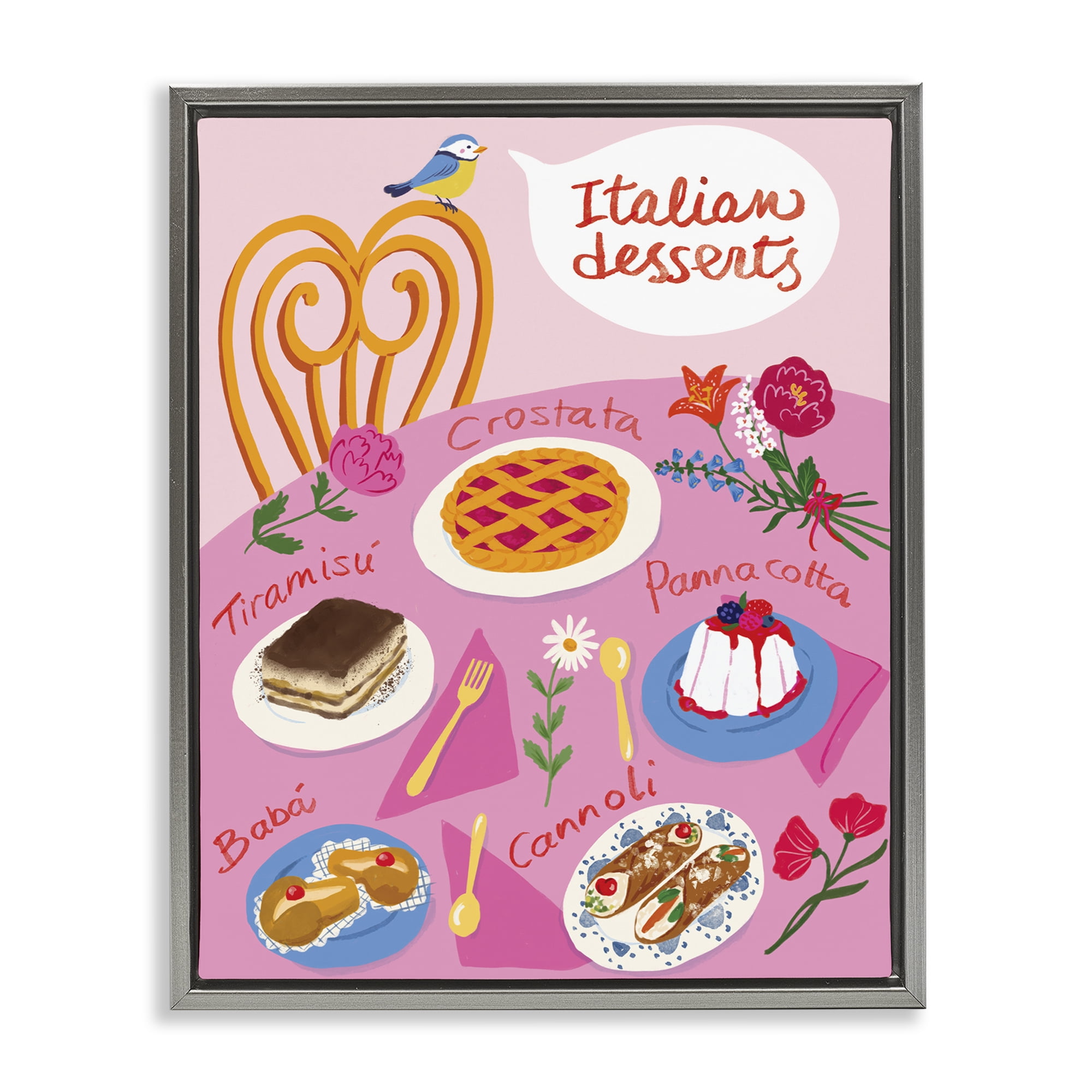 Stupell Industries Italian Desserts Table Food & Beverage Painting Gray Floater Framed Canvas Art Print Wall Art, 25 x 31