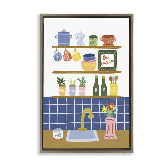 Stupell Industries Farmhouse Italian Kitchen Spice Rack Brown Floating Frame Canvas Art, 21 x 31, by Amanda Houston