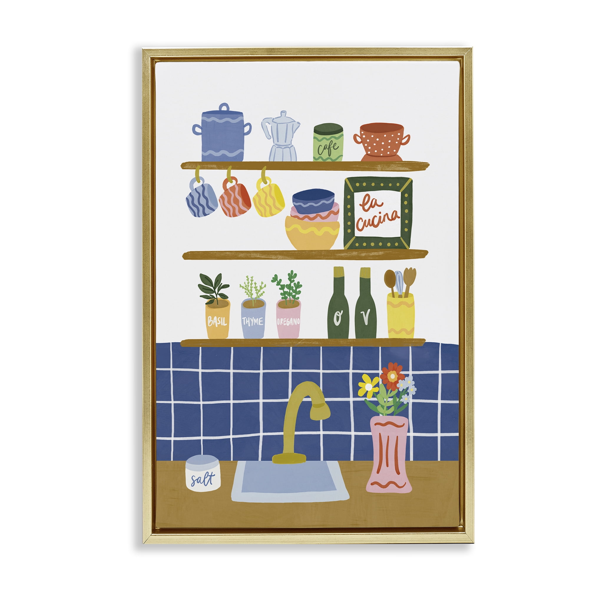 Stupell Industries Italian Kitchen Spice Rack Gold Framed Floater Canvas Wall Art, design by Amanda Houston