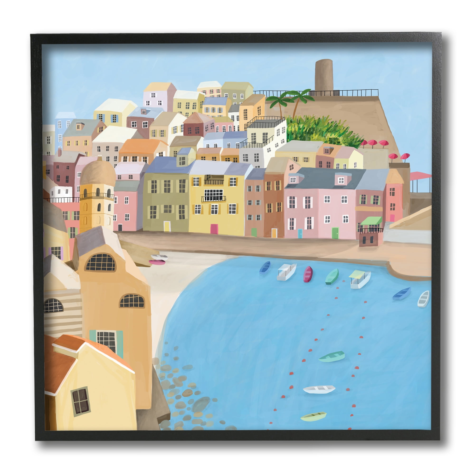 Italian Seaside Coastal City Canvas Print with Black Frame