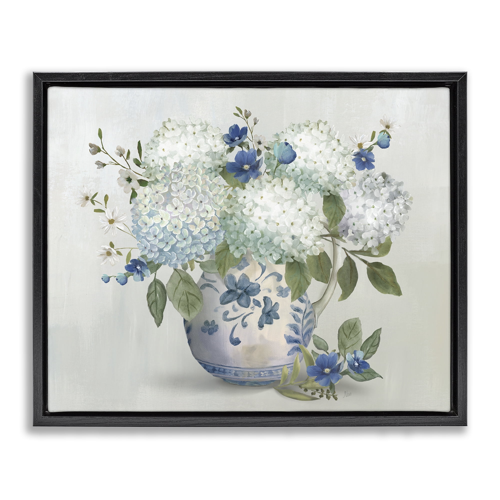 Stupell Industries Ivory & Blue Hydrangea Vase Black Framed Floater Canvas Wall Art, design by Nan