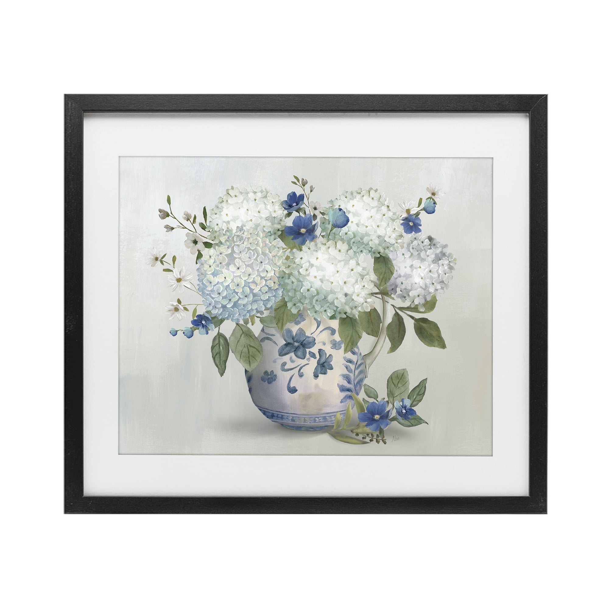 Stupell Industries Ivory & Blue Hydrangea Vase Black Framed Print Under Glass, design by Nan