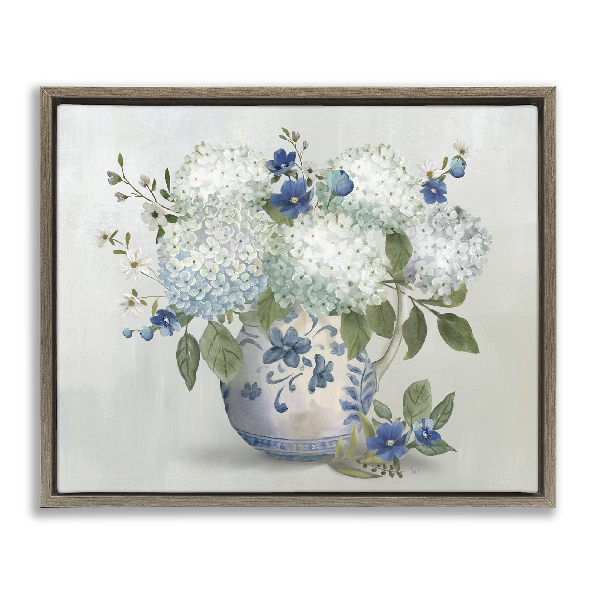 Stupell Industries Ivory & Blue Hydrangea Vase Brown Framed Floater Canvas Wall Art, design by Nan