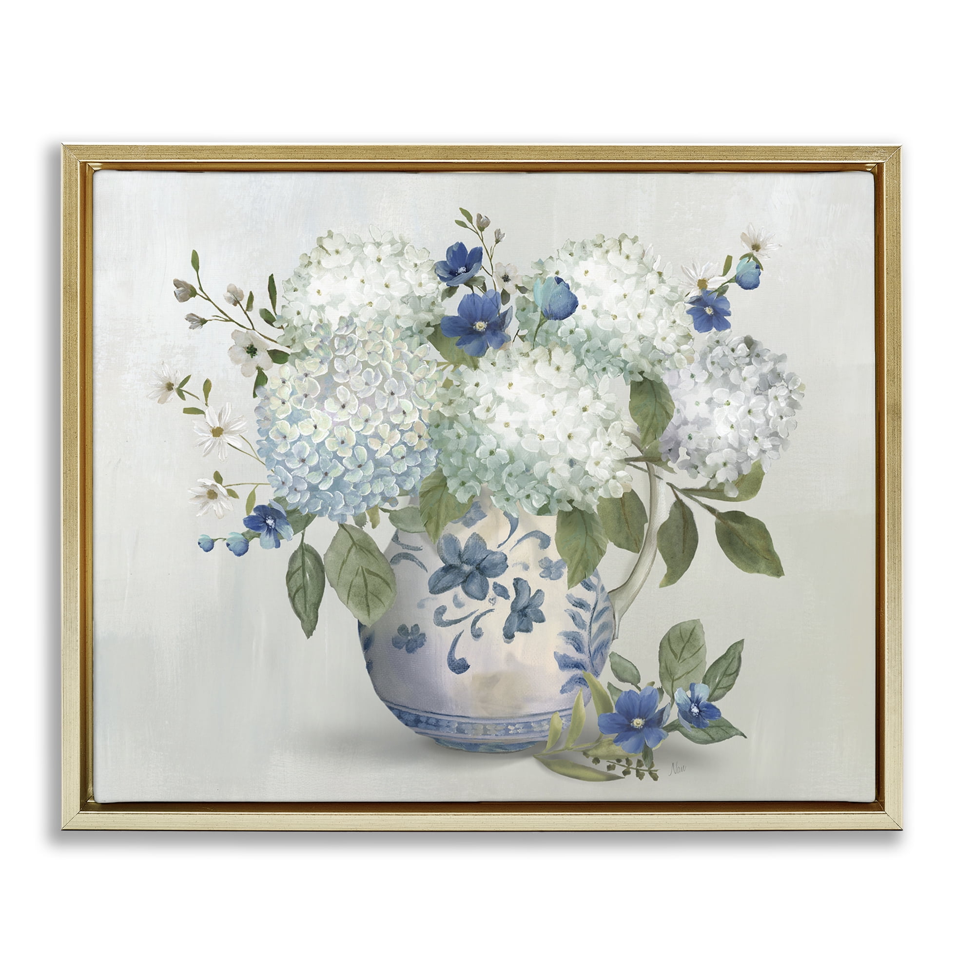 Stupell Industries Ivory & Blue Hydrangea Vase Gold Framed Floater Canvas Wall Art, design by Nan