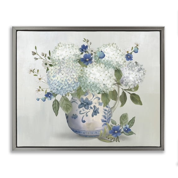 Stupell Industries Traditional Ivory & Blue Hydrangea Vase Gray Floating Frame Canvas Art, 31 x 25, by Nan