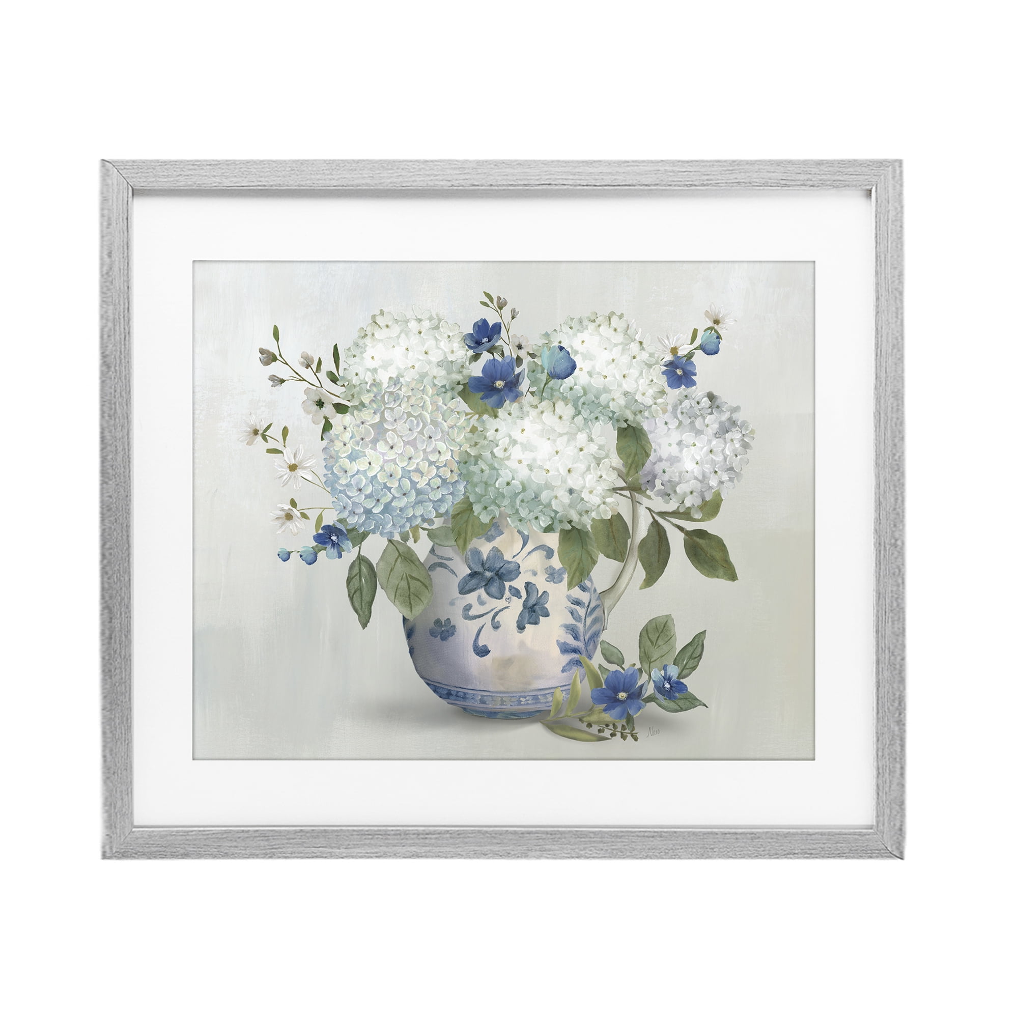 Stupell Industries Ivory & Blue Hydrangea Vase Gray Framed Print Under Glass, design by Nan