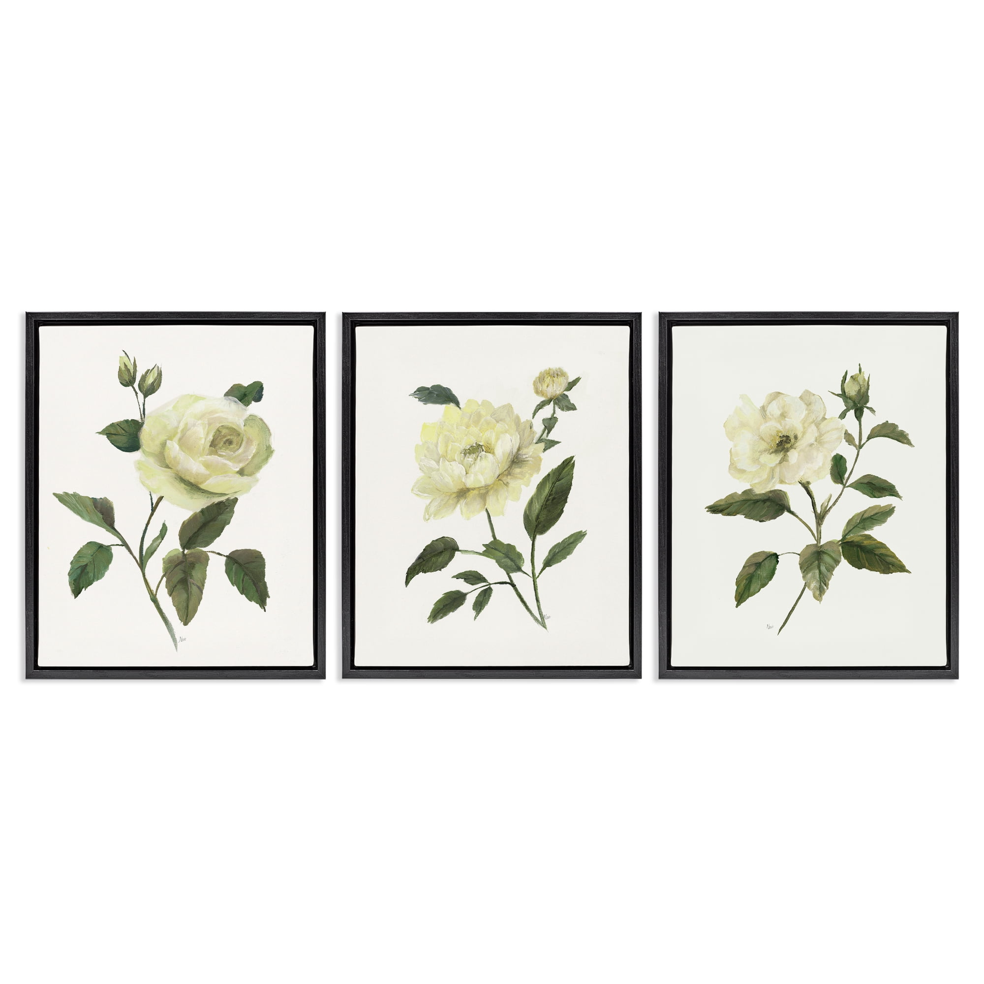 Stupell Industries Ivory Budding Garden Flowers 3 Piece Black Framed Floater Canvas Set, design by Nan
