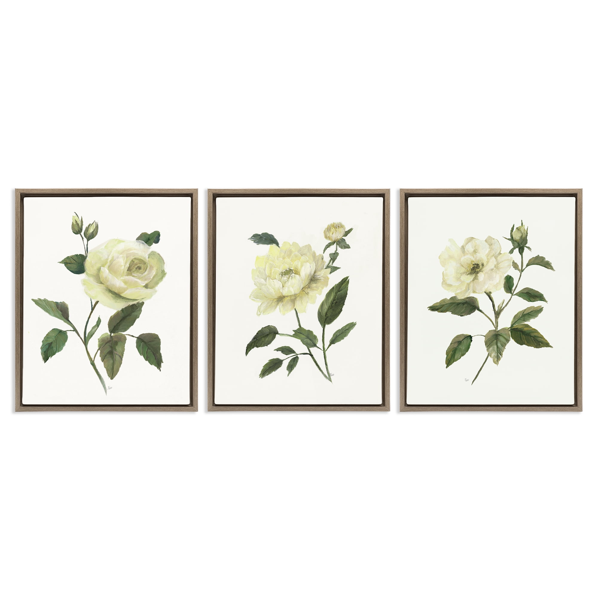 Stupell Industries Ivory Budding Garden Flowers 3 Piece Brown Framed Floater Canvas Set, design by Nan