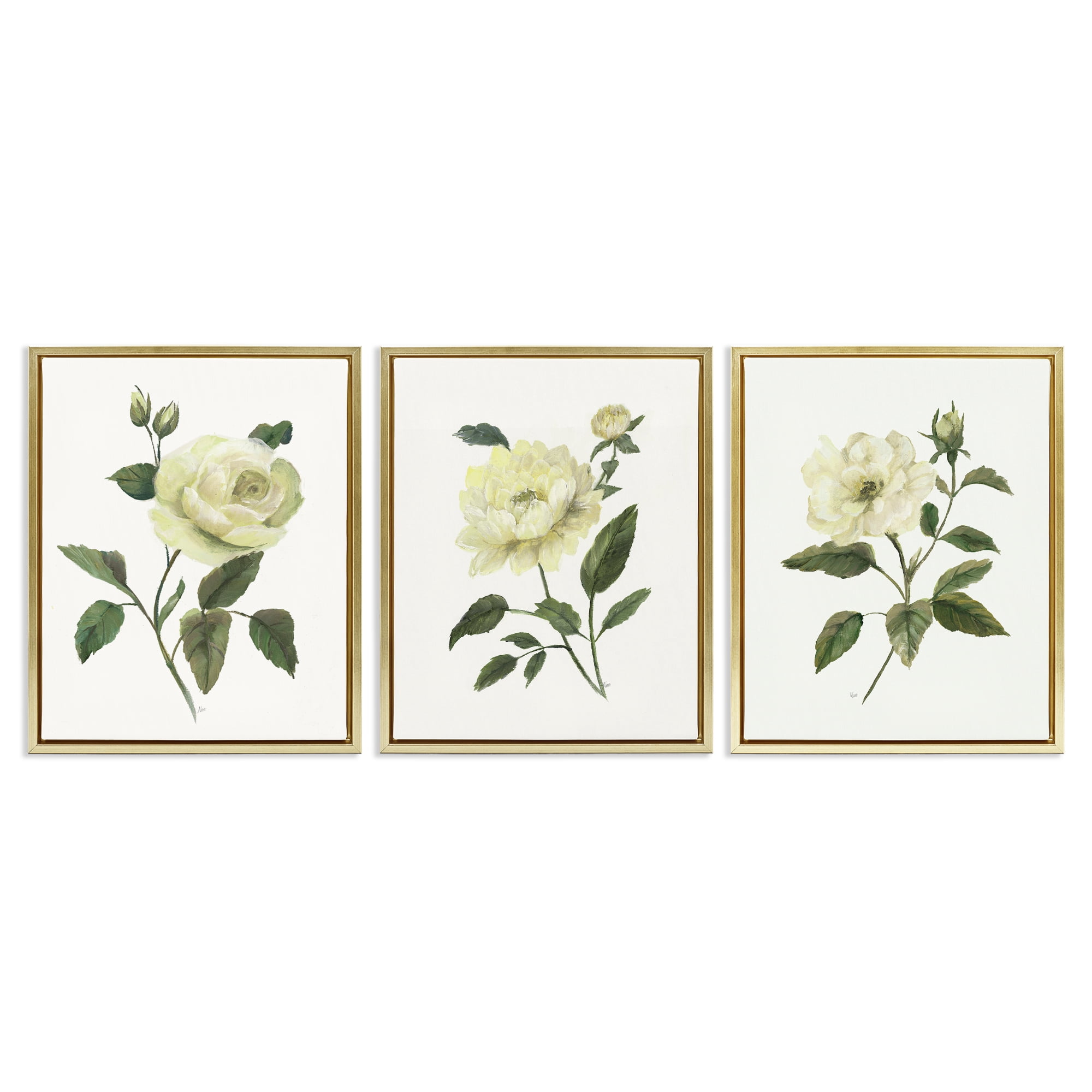 Stupell Industries Ivory Budding Garden Flowers 3 Piece Gold Framed Floater Canvas Set, design by Nan