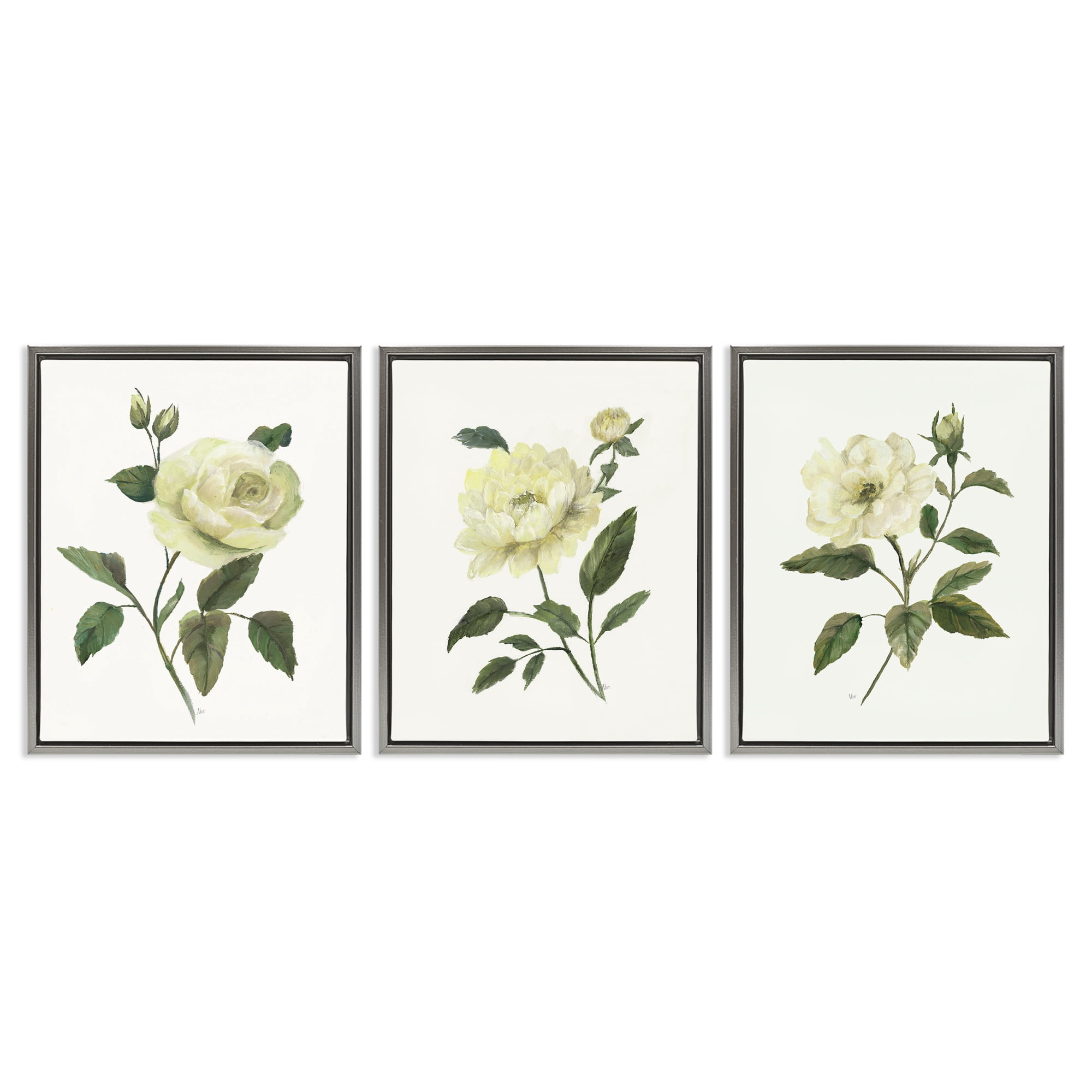 Stupell Industries Ivory Budding Garden Flowers 3 Piece Gray Framed Floater Canvas Set, design by Nan