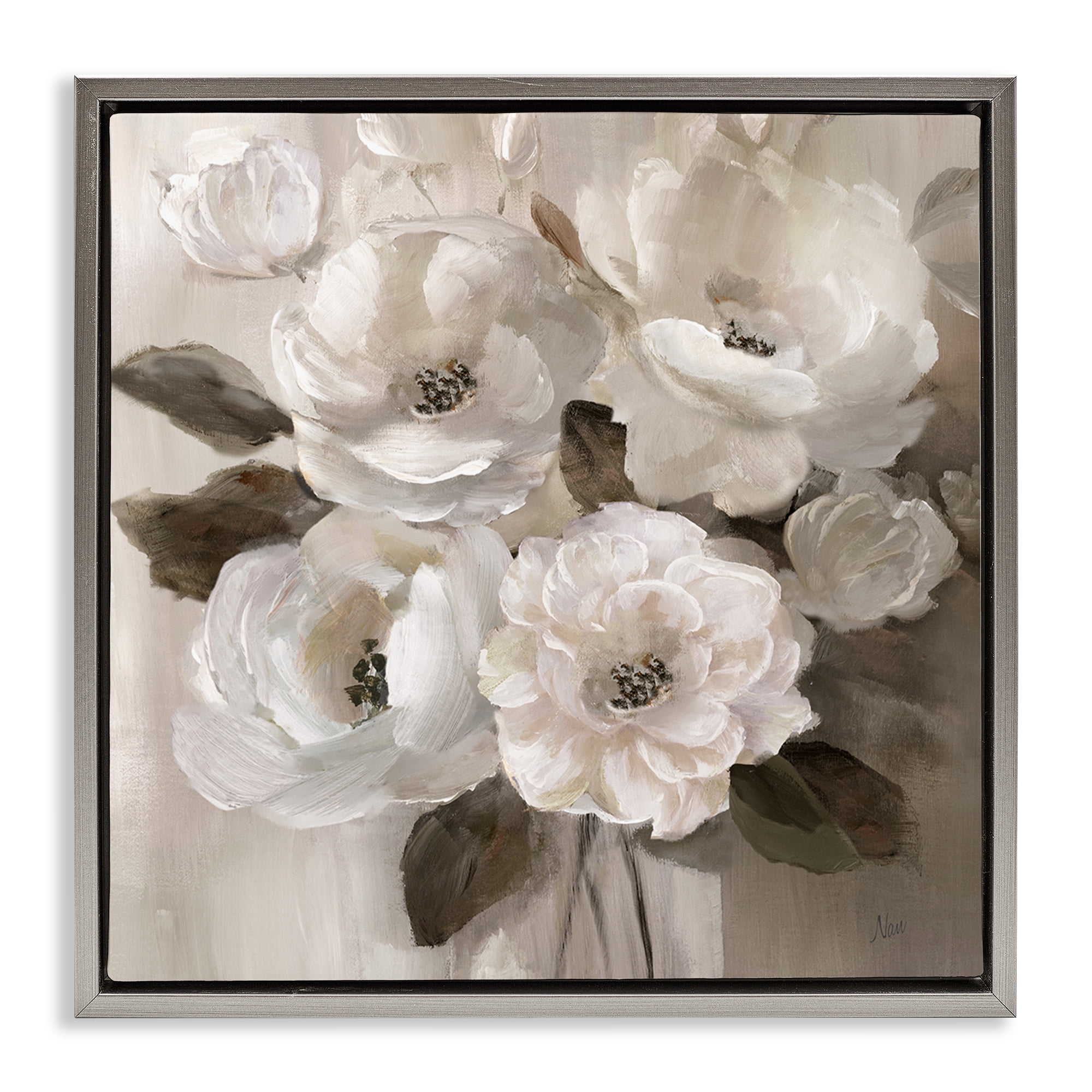 Stupell Industries Ivory Flower Bushel Gray Framed Floater Canvas Wall Art, design by Nan
