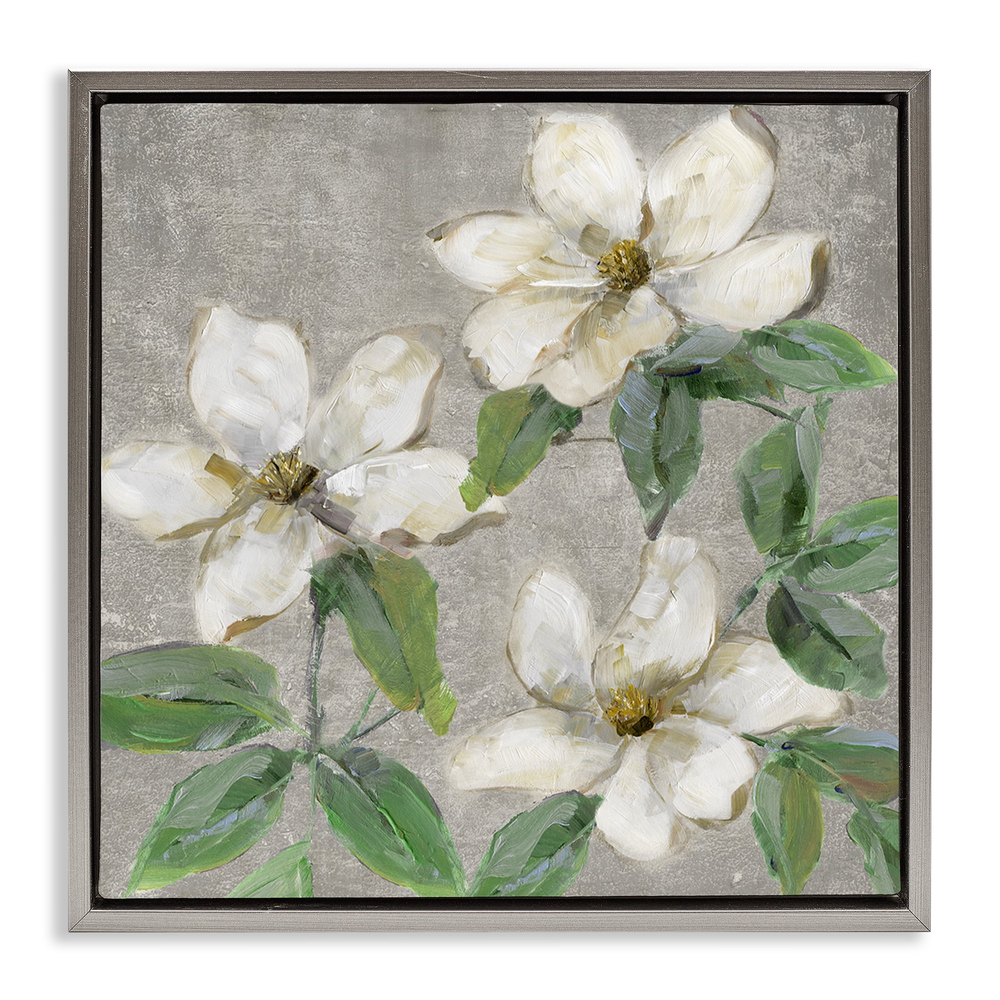 Stupell Industries Ivory Magnolia Trio Gray Framed Floater Canvas Wall Art, design by Sally Swatland