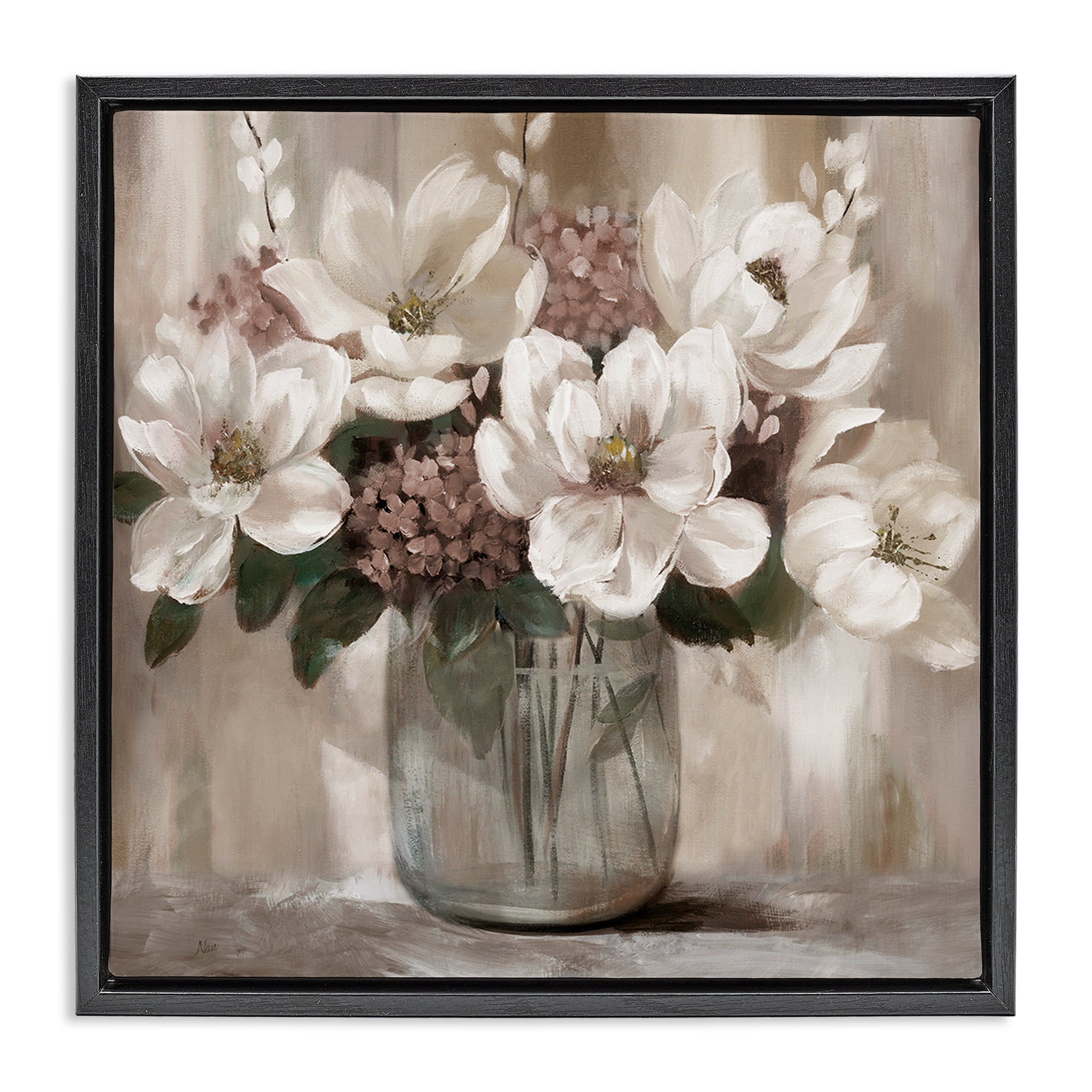 Stupell Industries Ivory Magnolias Vase Black Framed Floater Canvas Wall Art, design by Nan