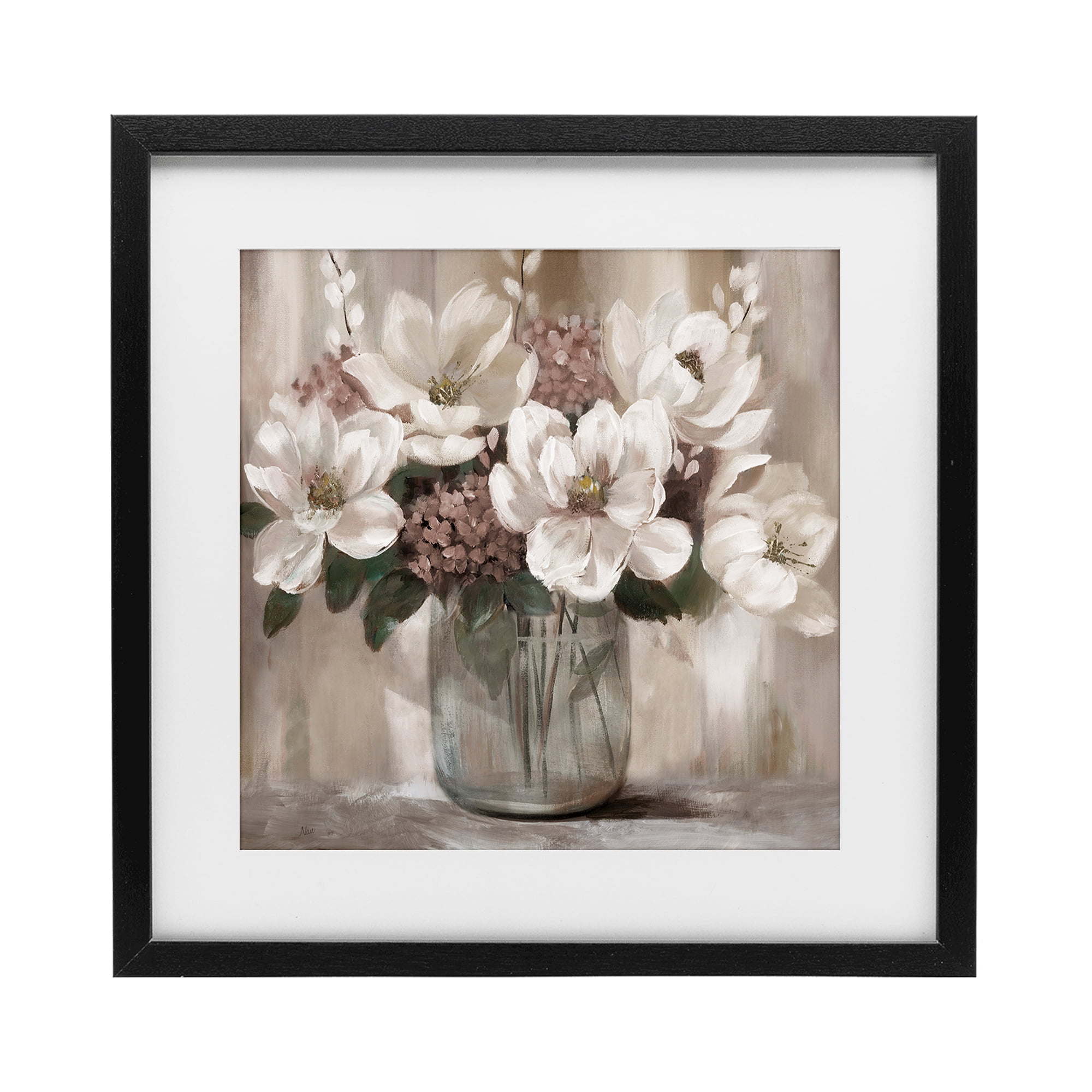 Stupell Industries Ivory Magnolias Vase Black Framed Print Under Glass, design by Nan