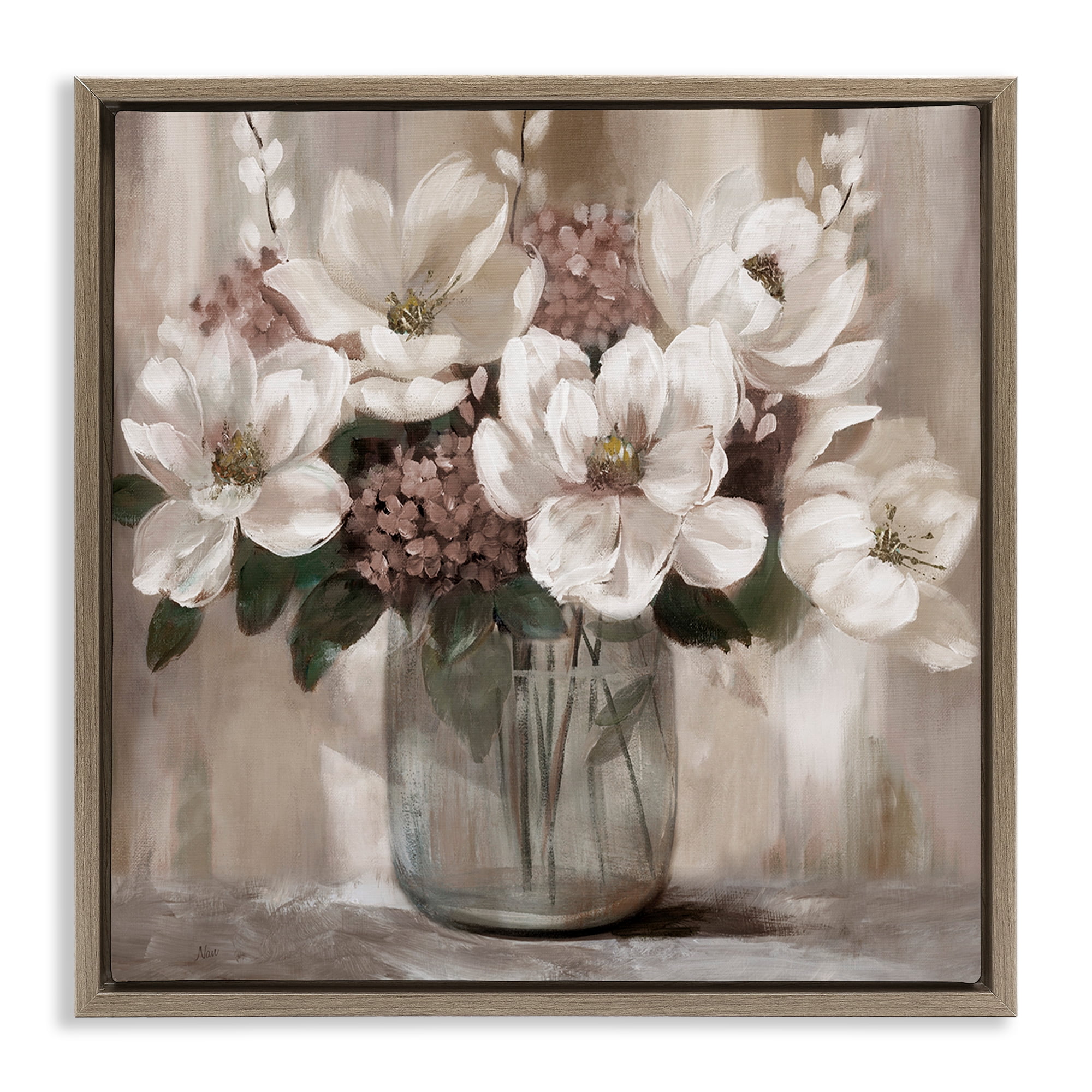 Stupell Industries Ivory Magnolias Vase Brown Framed Floater Canvas Wall Art, design by Nan