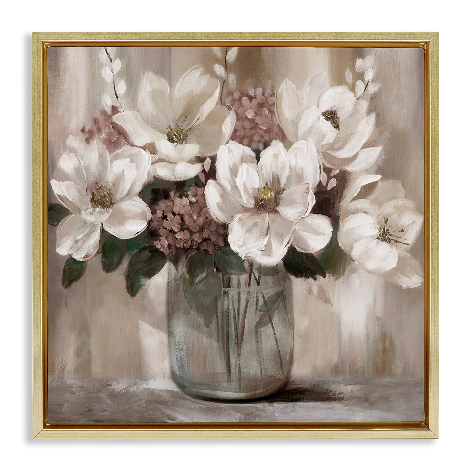Stupell Industries Ivory Magnolias Vase Gold Framed Floater Canvas Wall Art, design by Nan
