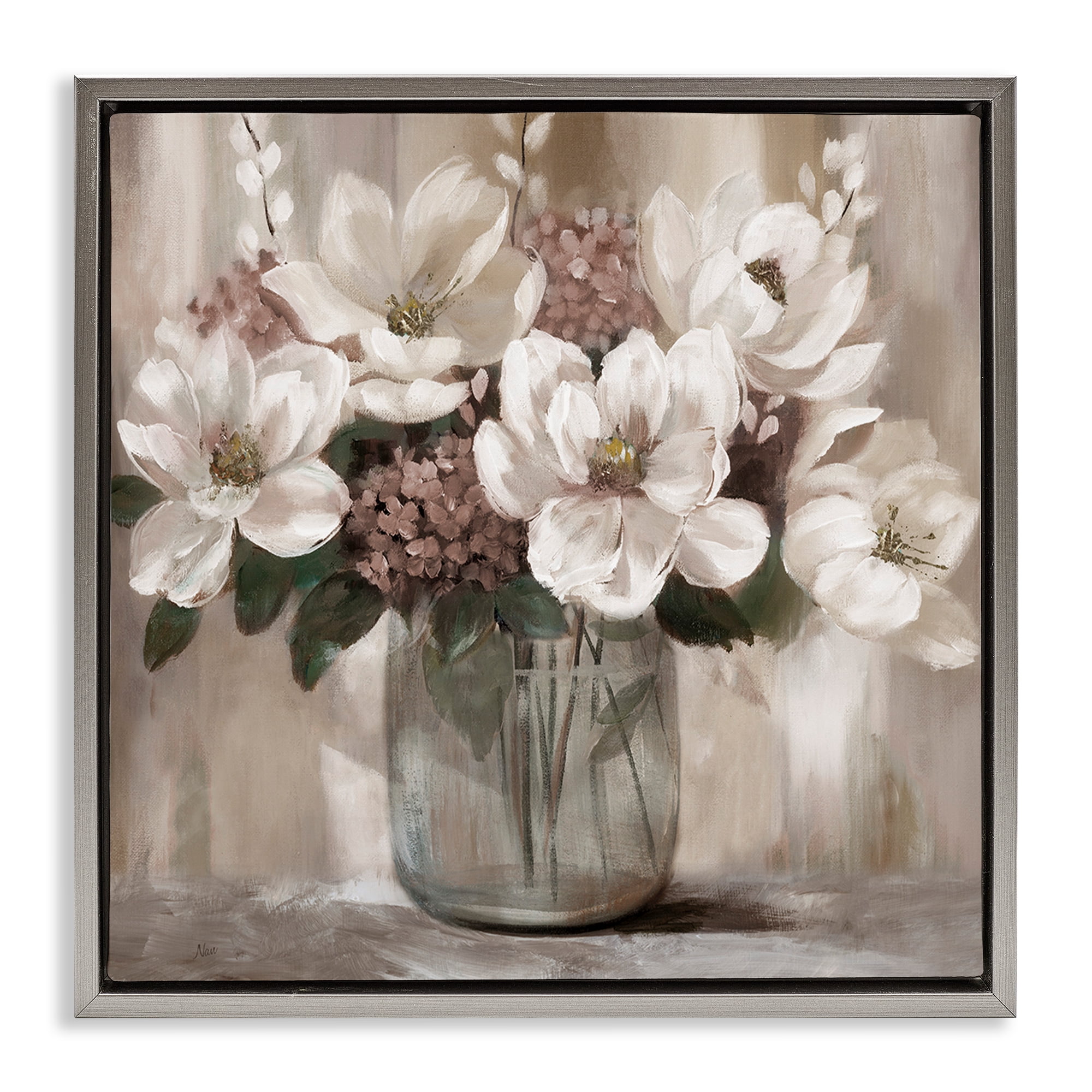 Stupell Industries Ivory Magnolias Vase Gray Framed Floater Canvas Wall Art, design by Nan